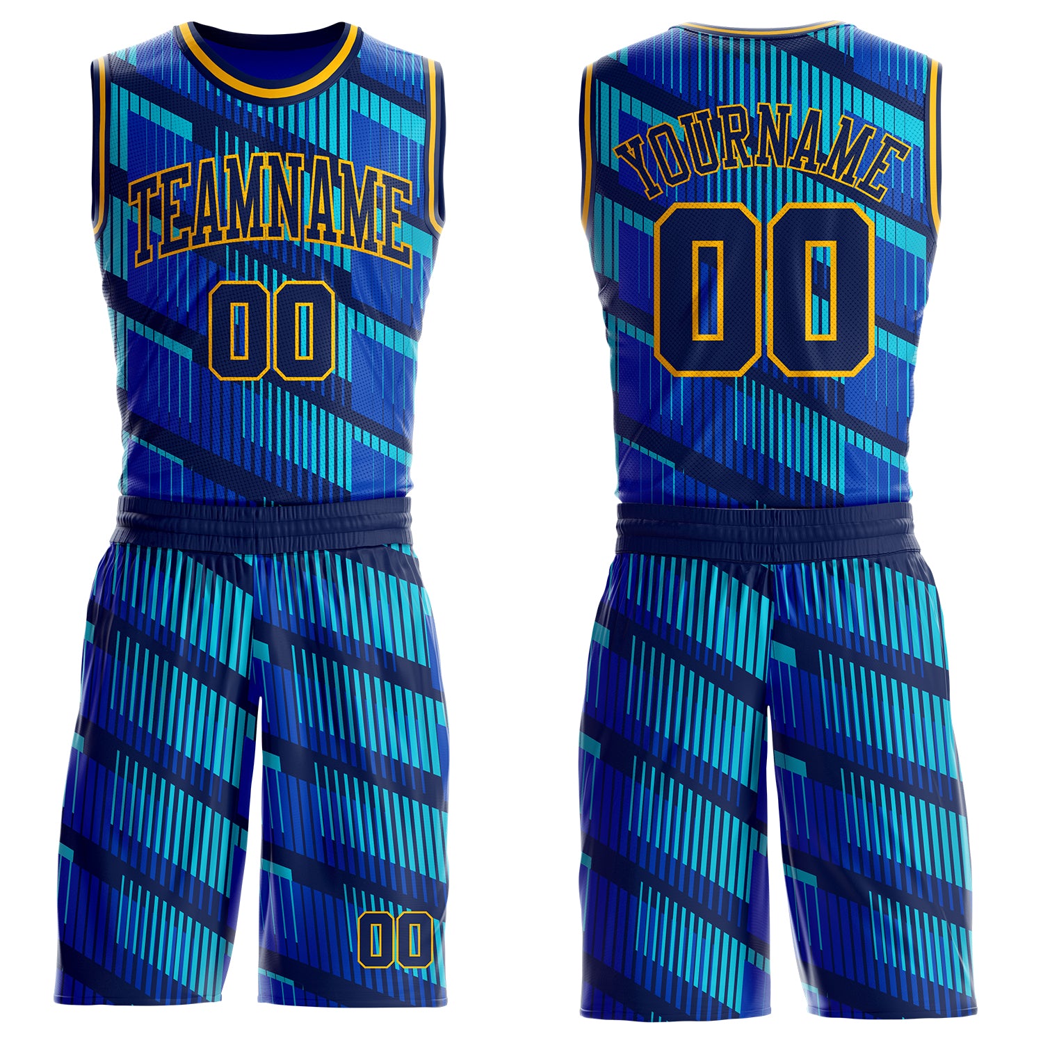 Custom Thunder Blue Navy Lakes Blue-Gold Geometric Stripe Round Neck Sublimation Basketball Suit Jersey