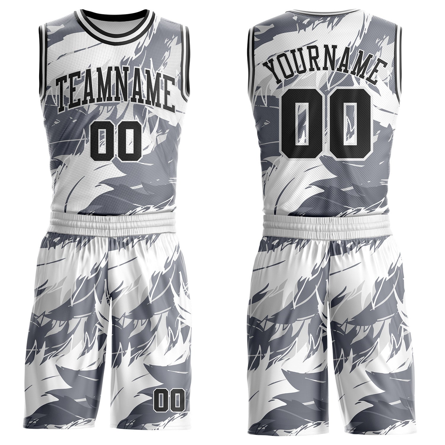 Custom White Black-Gray Feather Wing Boho Style Round Neck Sublimation Basketball Uniform Jersey
