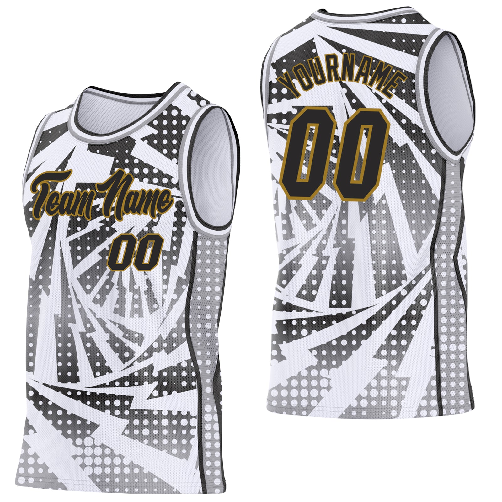 Custom White Black Gray-Old Gold Lightning Gradient Dot Side Panel Stripe Round Neck Sublimation Basketball Set Jersey