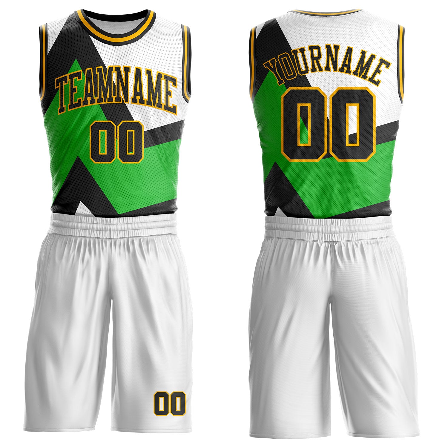 Custom White Black Green-Gold Triangle Geometric Stripe Round Neck Sublimation Basketball Suit Jersey