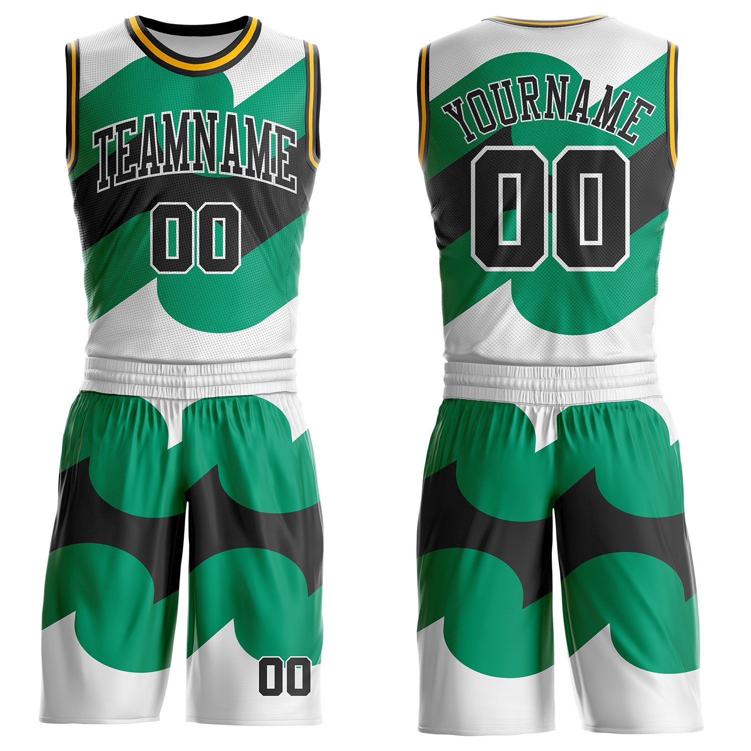 Custom White Black Green-Gold Wave Geometric Stripe Round Neck Sublimation Basketball Suit Jersey