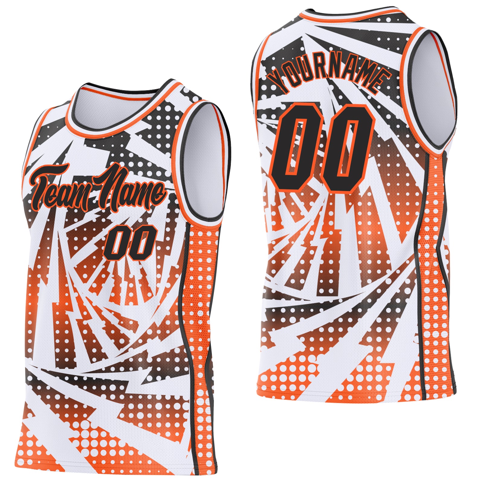 Custom White Black-Orange Lightning Gradient Dot Side Panel Stripe Round Neck Sublimation Basketball Set Jersey