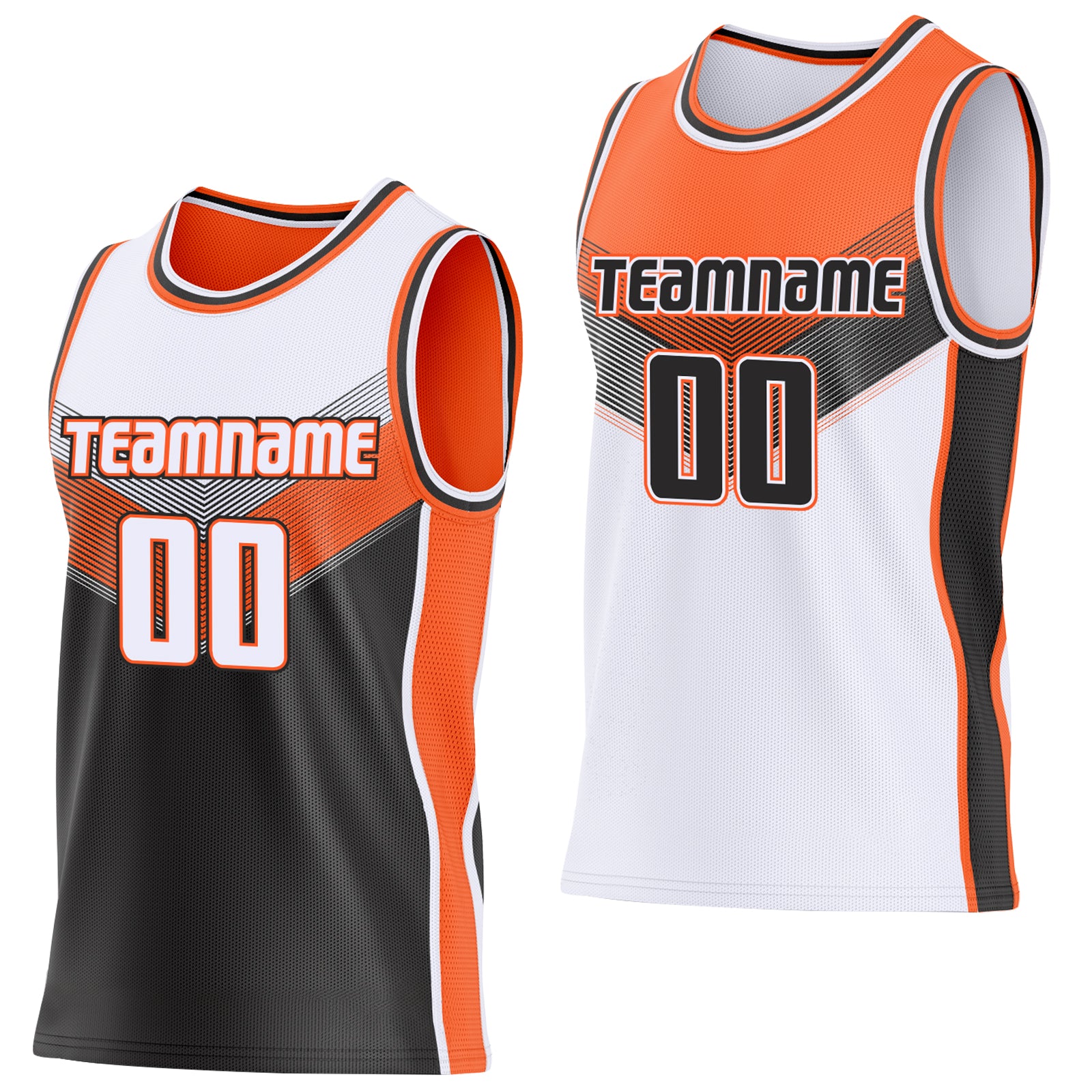 Custom White Black-Orange Side Panel Stripe Geometric V-Cut Color Block Reversible Double Side Sublimation Basketball Set Jersey