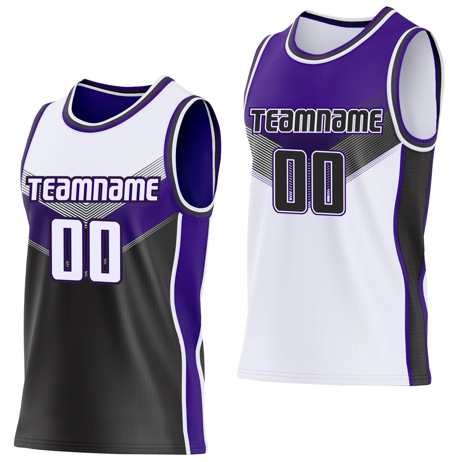 Custom White Black-Purple Side Panel Stripe Geometric V-Cut Color Block Reversible Double Side Sublimation Basketball Set Jersey