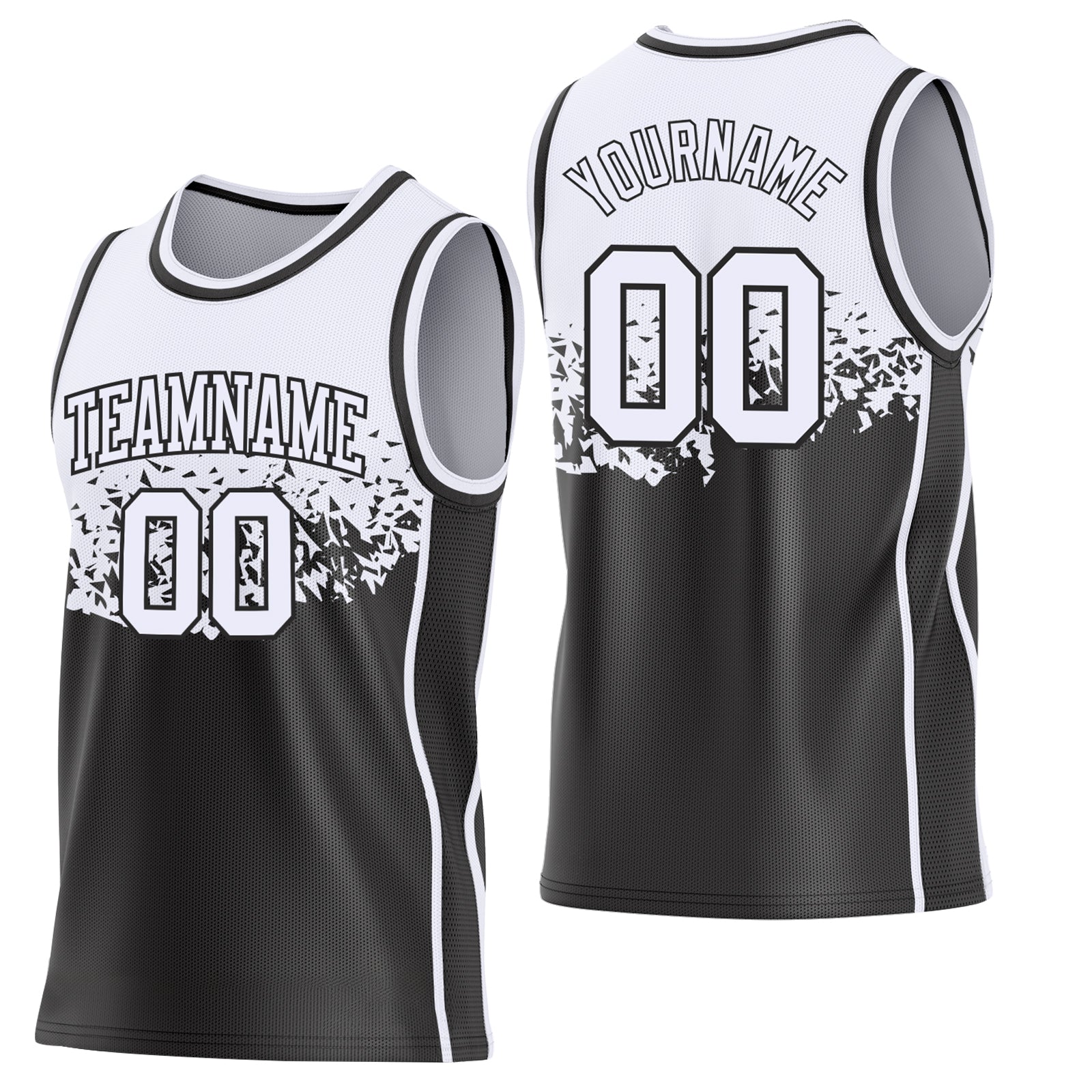 Custom White-Black Shattered Geometric Side Panel Stripe Round Neck Sublimation Basketball Set Jersey