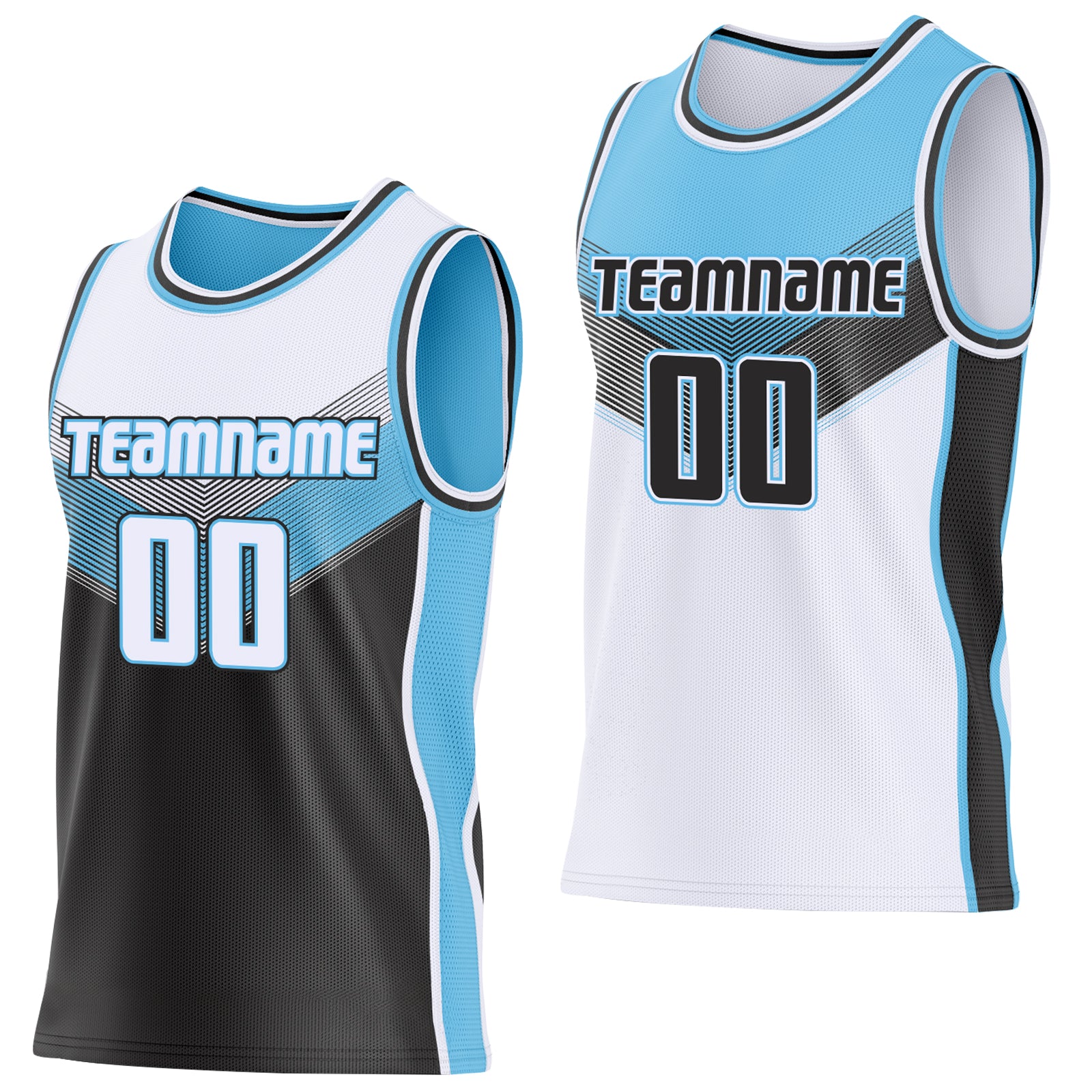 Custom White Black-Sky Blue Side Panel Stripe Geometric V-Cut Color Block Reversible Double Side Sublimation Basketball Set Jersey