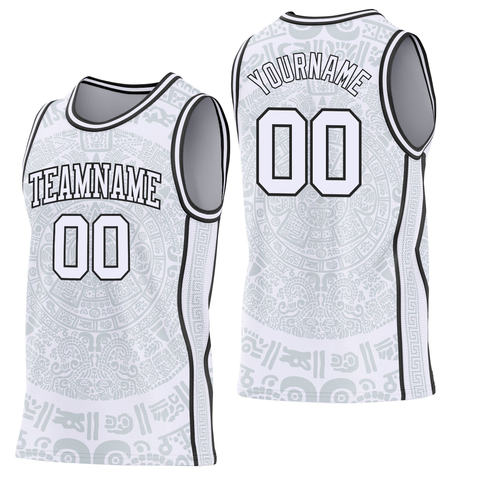 Custom White-Black Tribal Ethnic Aztec Sun Stone Side Panel Stripe Round Neck Sublimation Basketball Set Jersey
