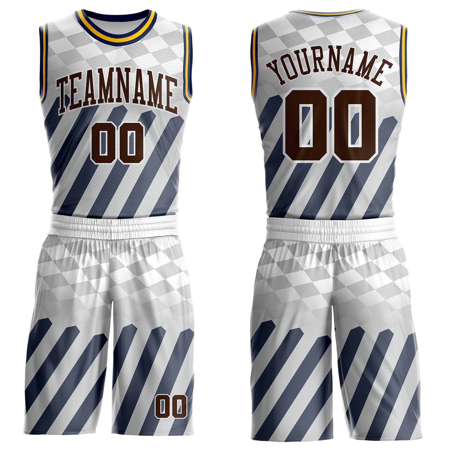 Custom White Brown Gray Navy-Yellow Checkerboard Diagonal Stripe Round Neck Sublimation Basketball Suit Jersey