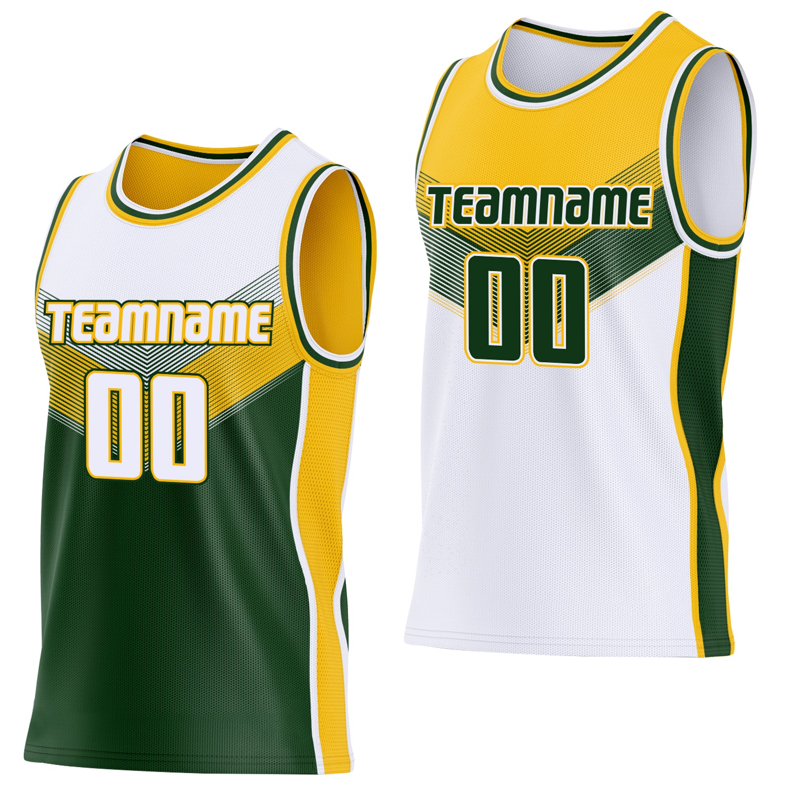 Custom White Green-Gold Side Panel Stripe Geometric V-Cut Color Block Reversible Double Side Sublimation Basketball Set Jersey