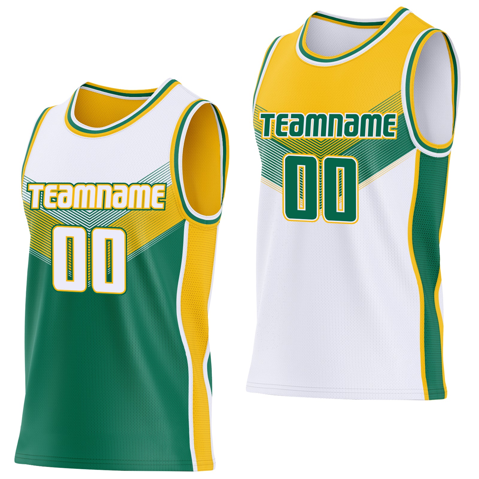 Custom White Kelly Green-Gold Side Panel Stripe Geometric V-Cut Color Block Reversible Double Side Sublimation Basketball Set Jersey