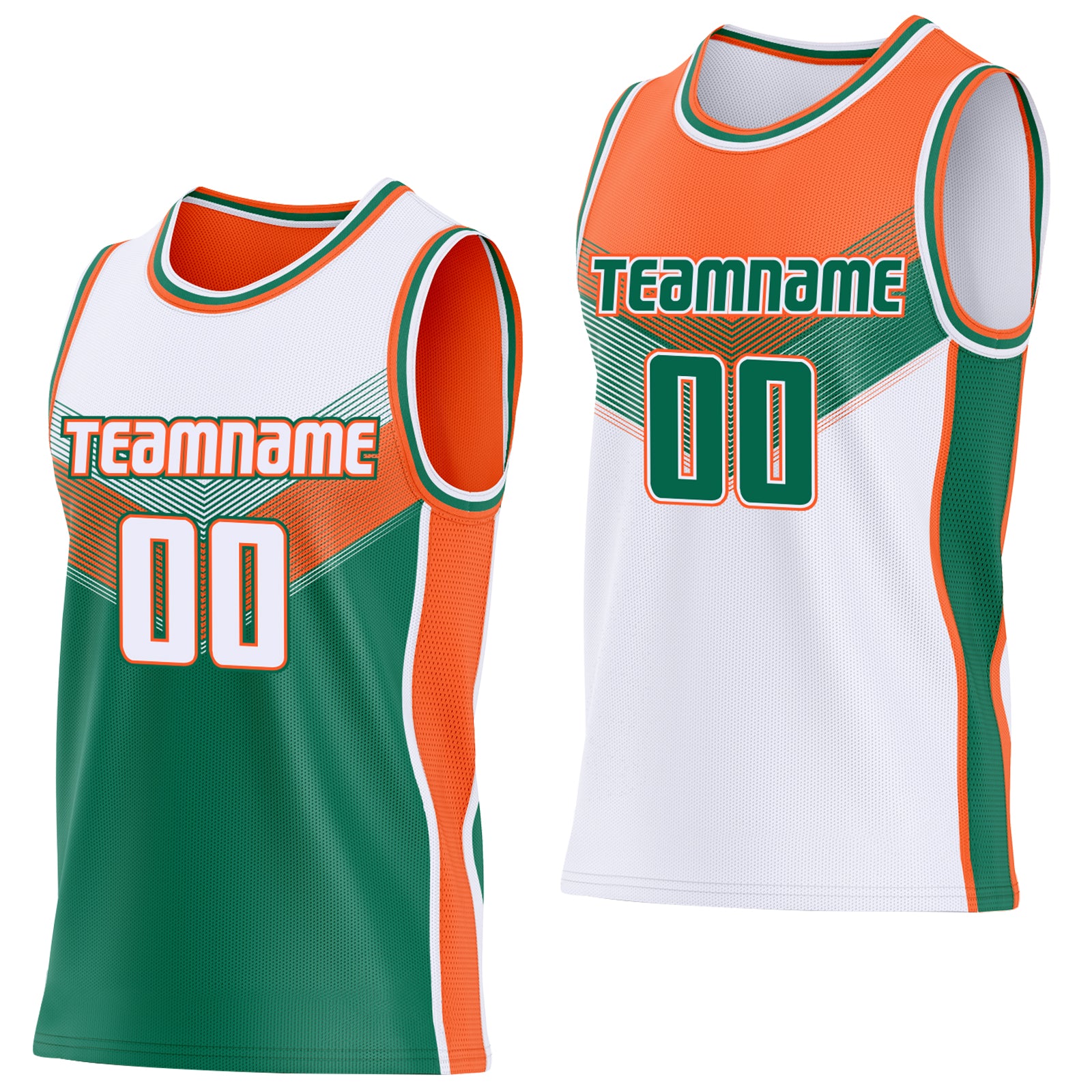 Custom White Kelly Green-Orange Side Panel Stripe Geometric V-Cut Color Block Reversible Double Side Sublimation Basketball Set Jersey
