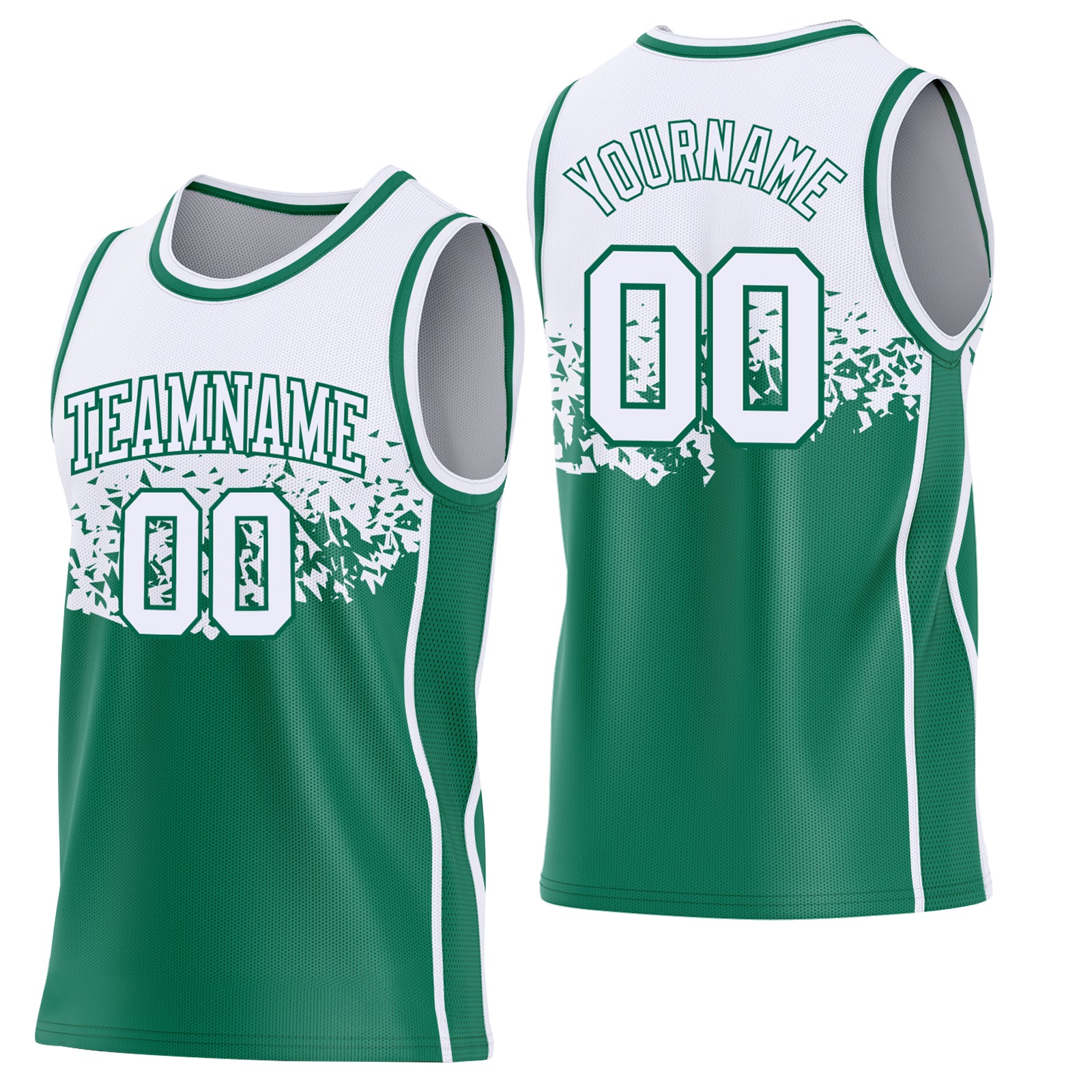 Custom White-Kelly Green Shattered Geometric Side Panel Stripe Round Neck Sublimation Basketball Set Jersey