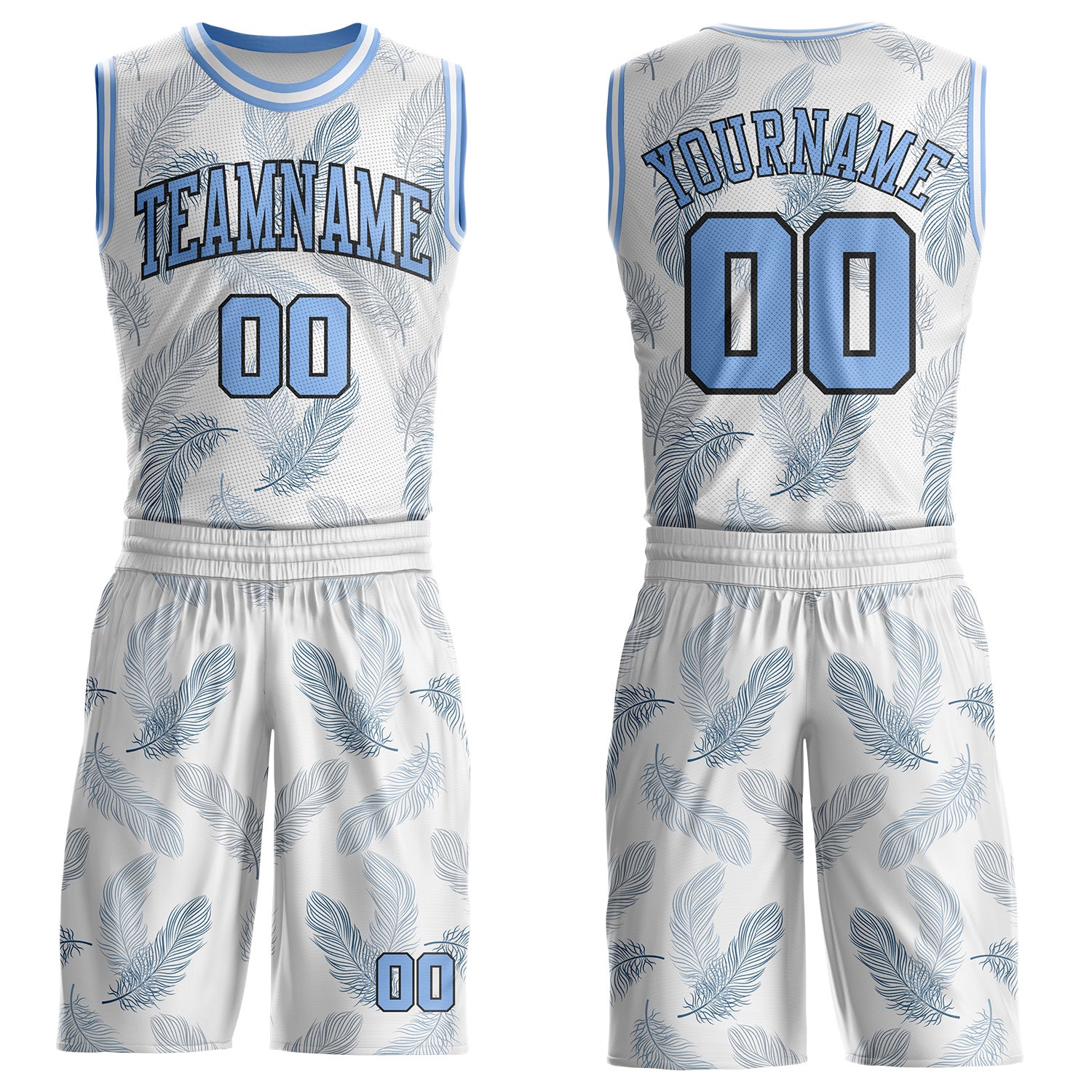 Custom White Light Blue-Black Feather Boho Style Round Neck Sublimation Basketball Uniform Jersey