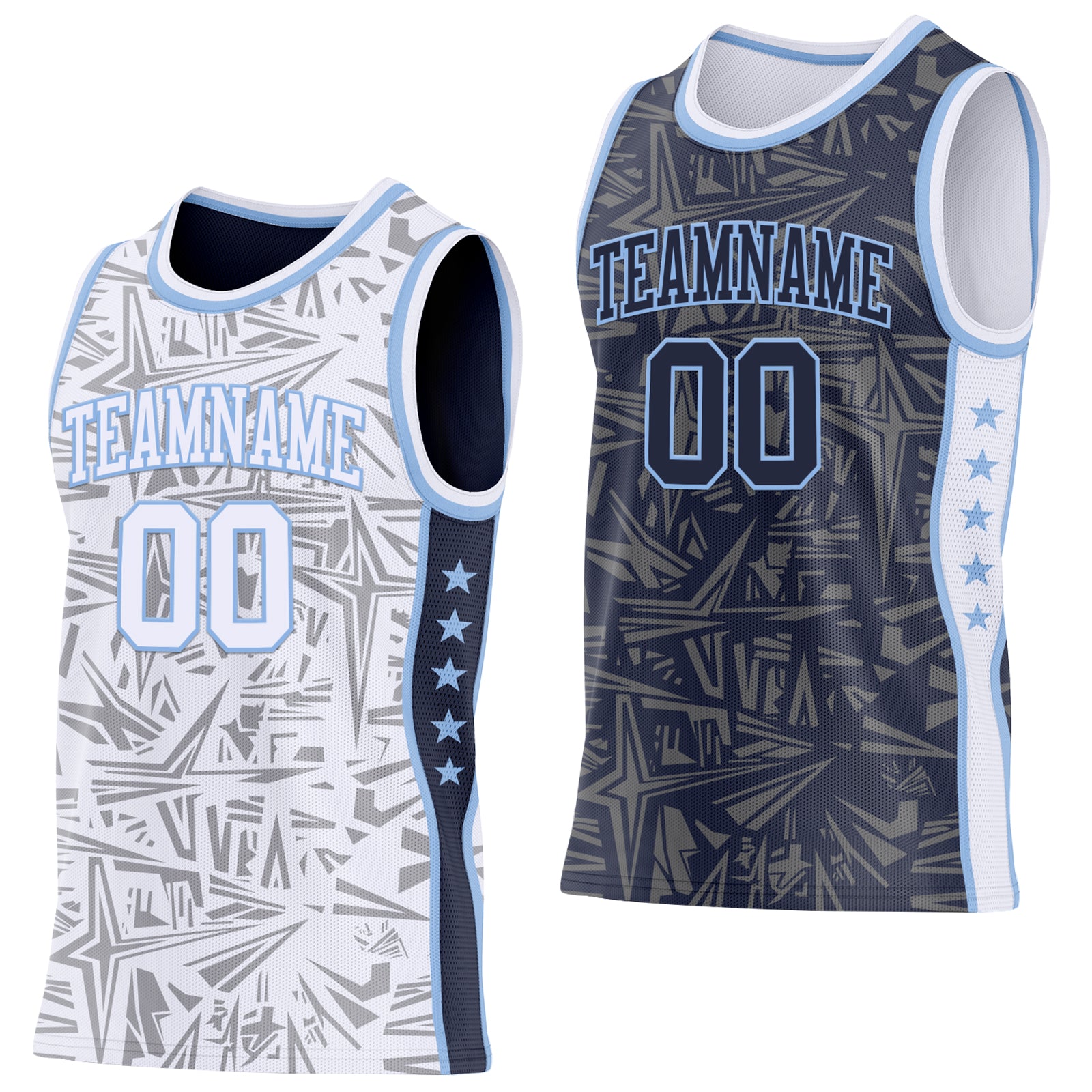 Custom White Light Blue-Navy Side Panel Stripe Stars Geometric Shatter Starburst Reversible Double Side Sublimation Basketball Set Jersey