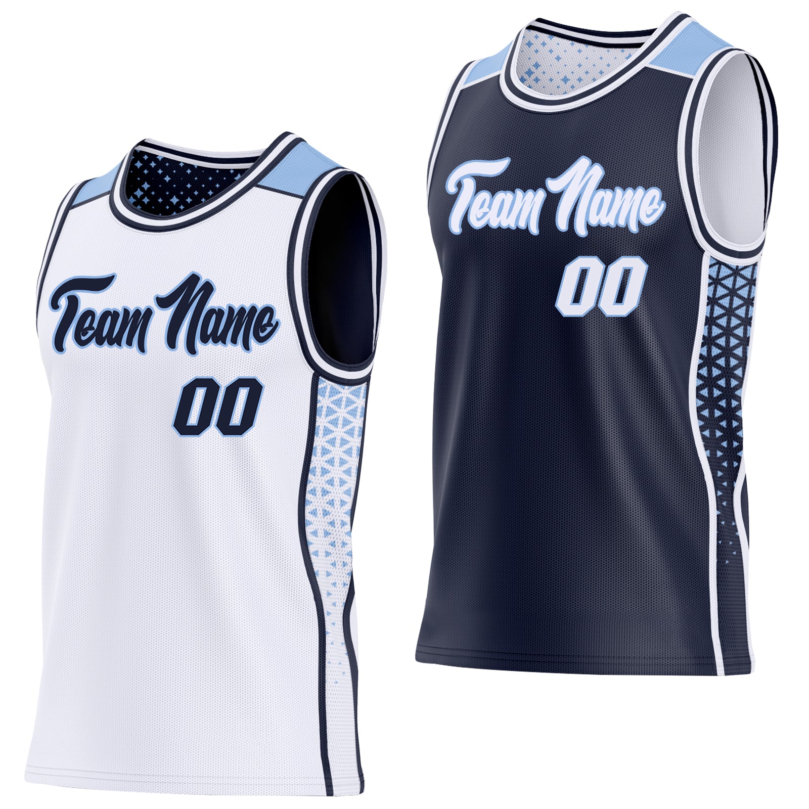 Custom White Navy-Light Blue Side Panel Stripe Geometric Triangle Gradient Dot Reversible Double Side Sublimation Basketball Set Jersey