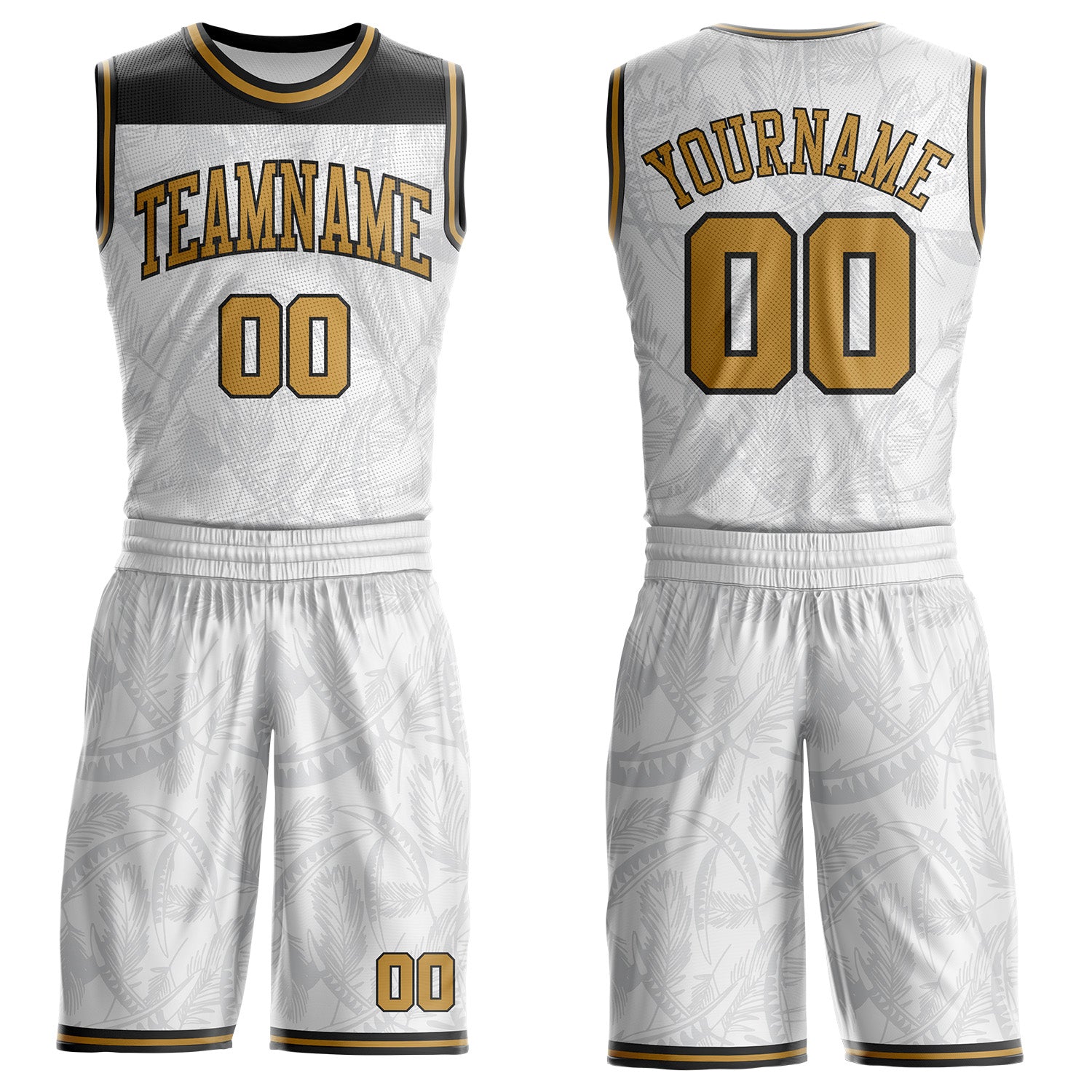 Custom White Old Gold-Black Feather Wing Boho Style Round Neck Sublimation Basketball Uniform Jersey