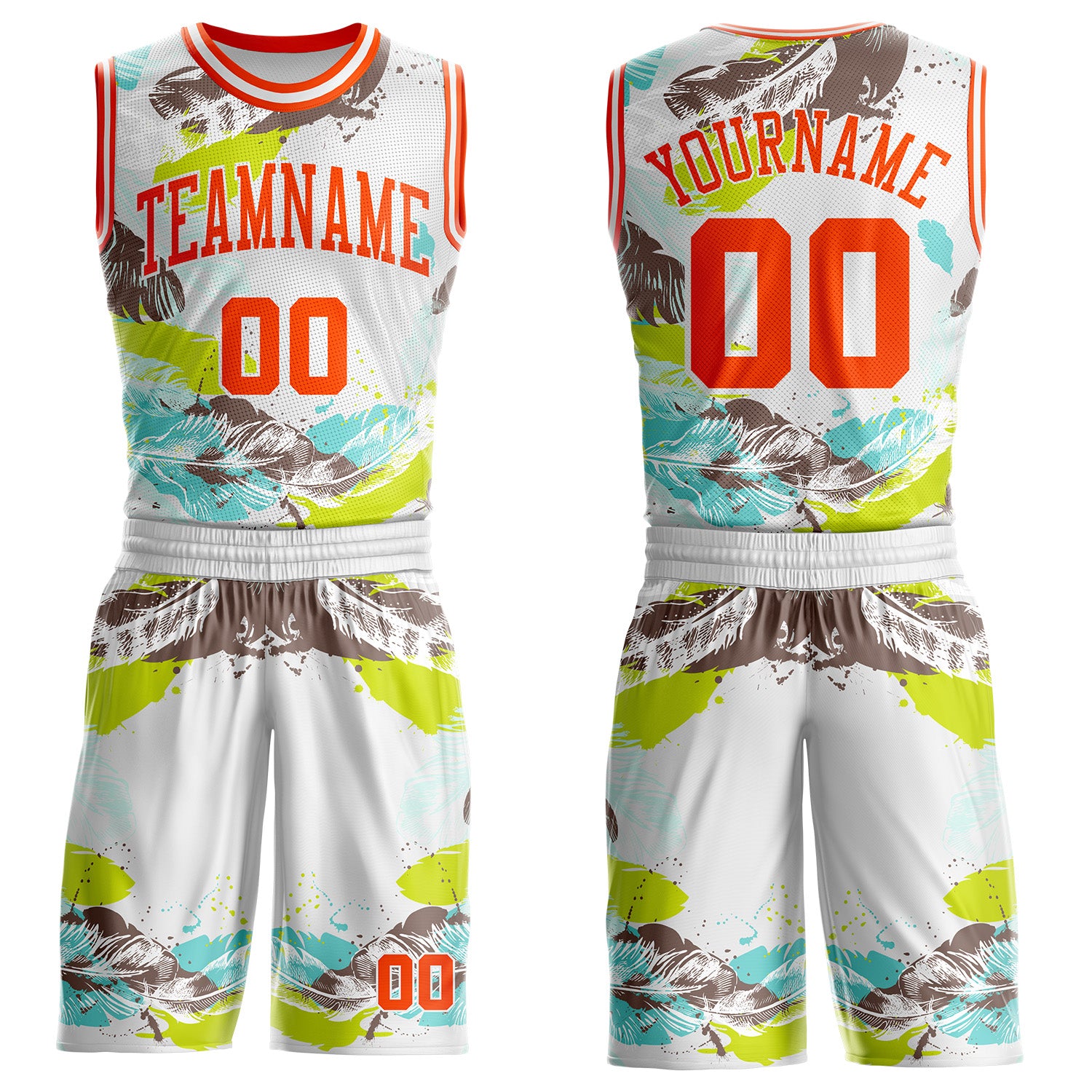 Custom White-Orange Feather Boho Style Round Neck Sublimation Basketball Uniform Jersey
