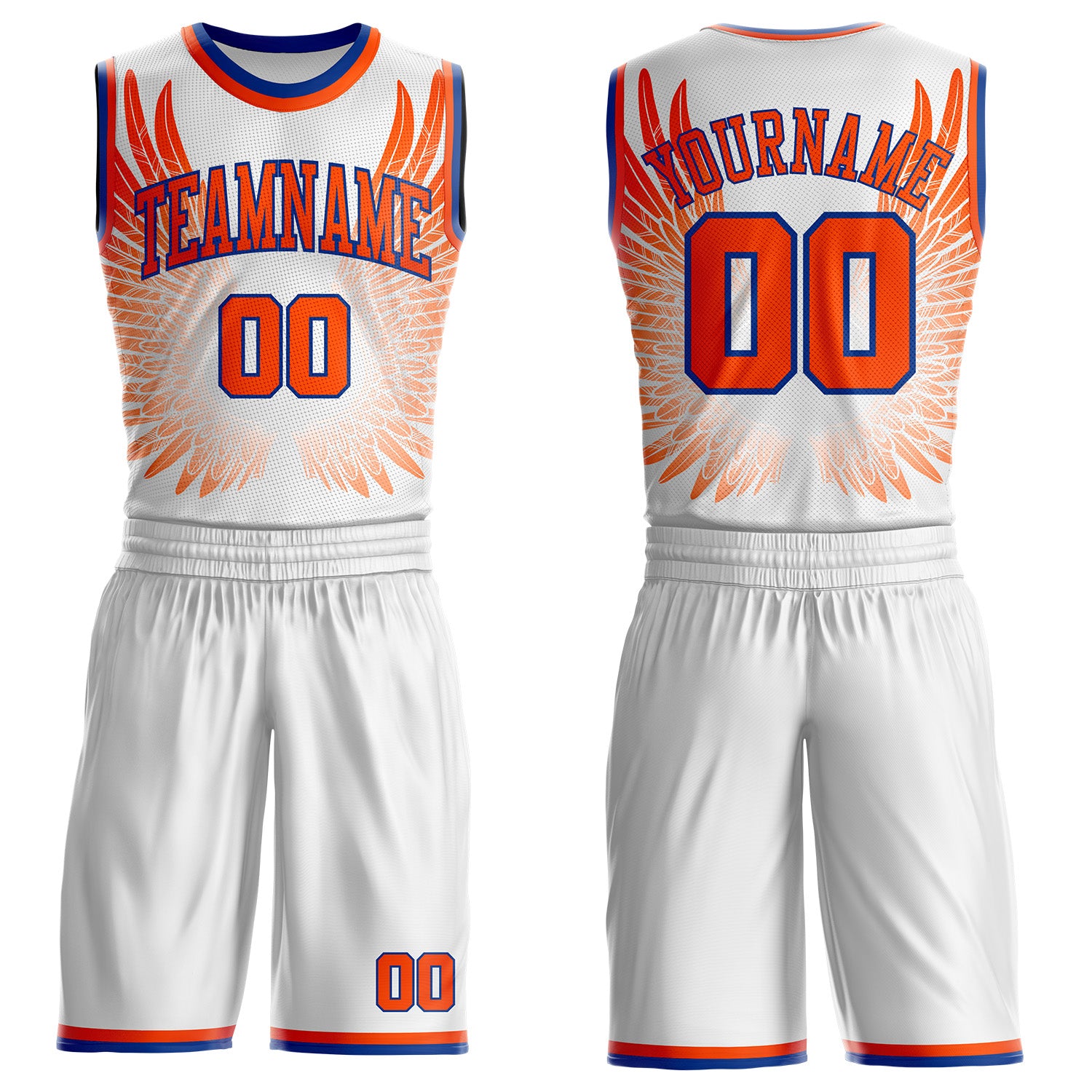 Custom White Orange-Royal Feather Wing Boho Style Round Neck Sublimation Basketball Uniform Jersey