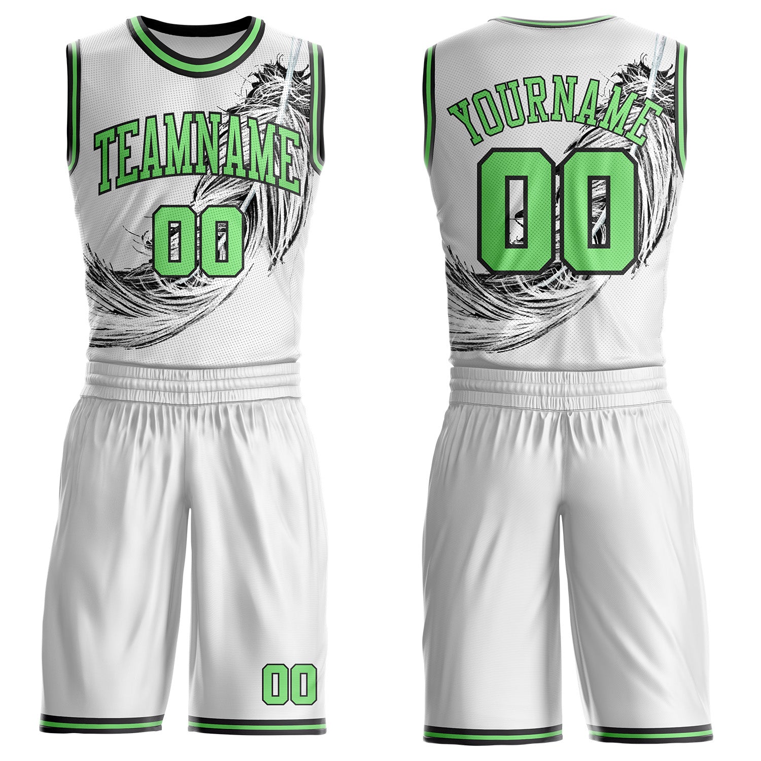 Custom White Pea Green-Black Feather Boho Style Round Neck Sublimation Basketball Uniform Jersey