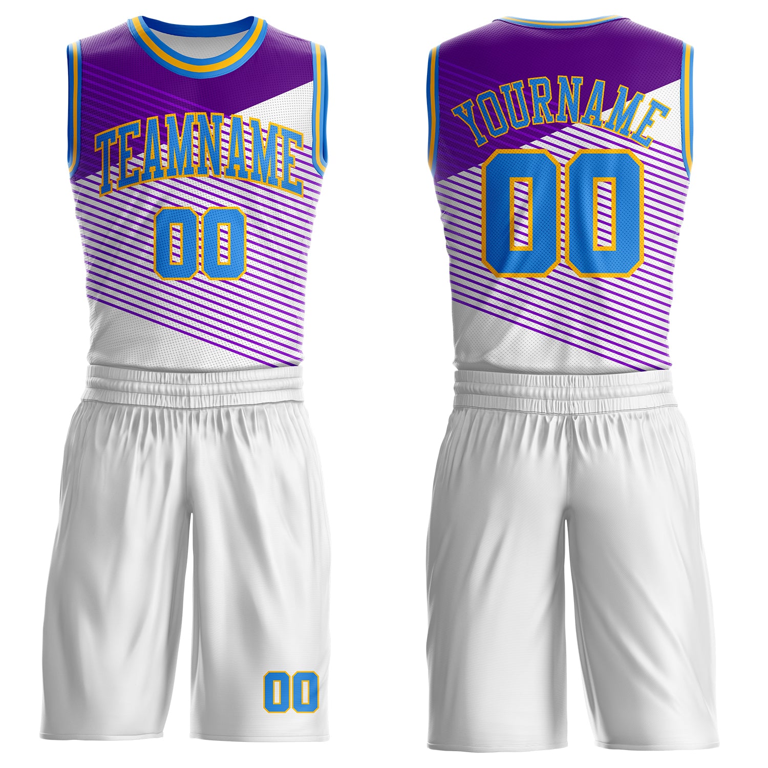 Custom White Powder Blue Purple-Gold Diagonal Stripe Round Neck Sublimation Basketball Suit Jersey