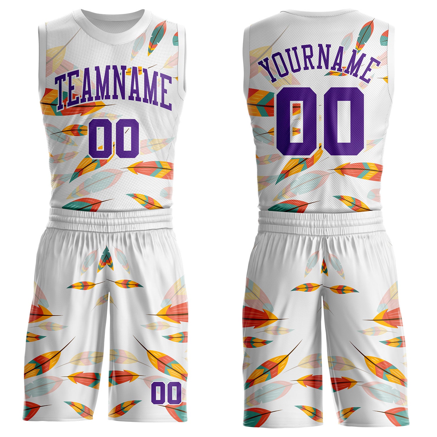 Custom White-Purple Feather Boho Style Round Neck Sublimation Basketball Uniform Jersey