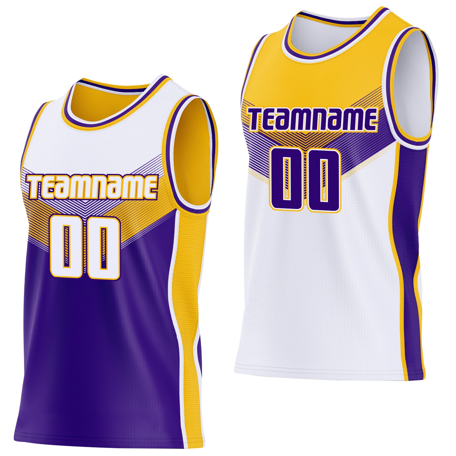 Custom White Purple-Gold Side Panel Stripe Geometric V-Cut Color Block Reversible Double Side Sublimation Basketball Set Jersey