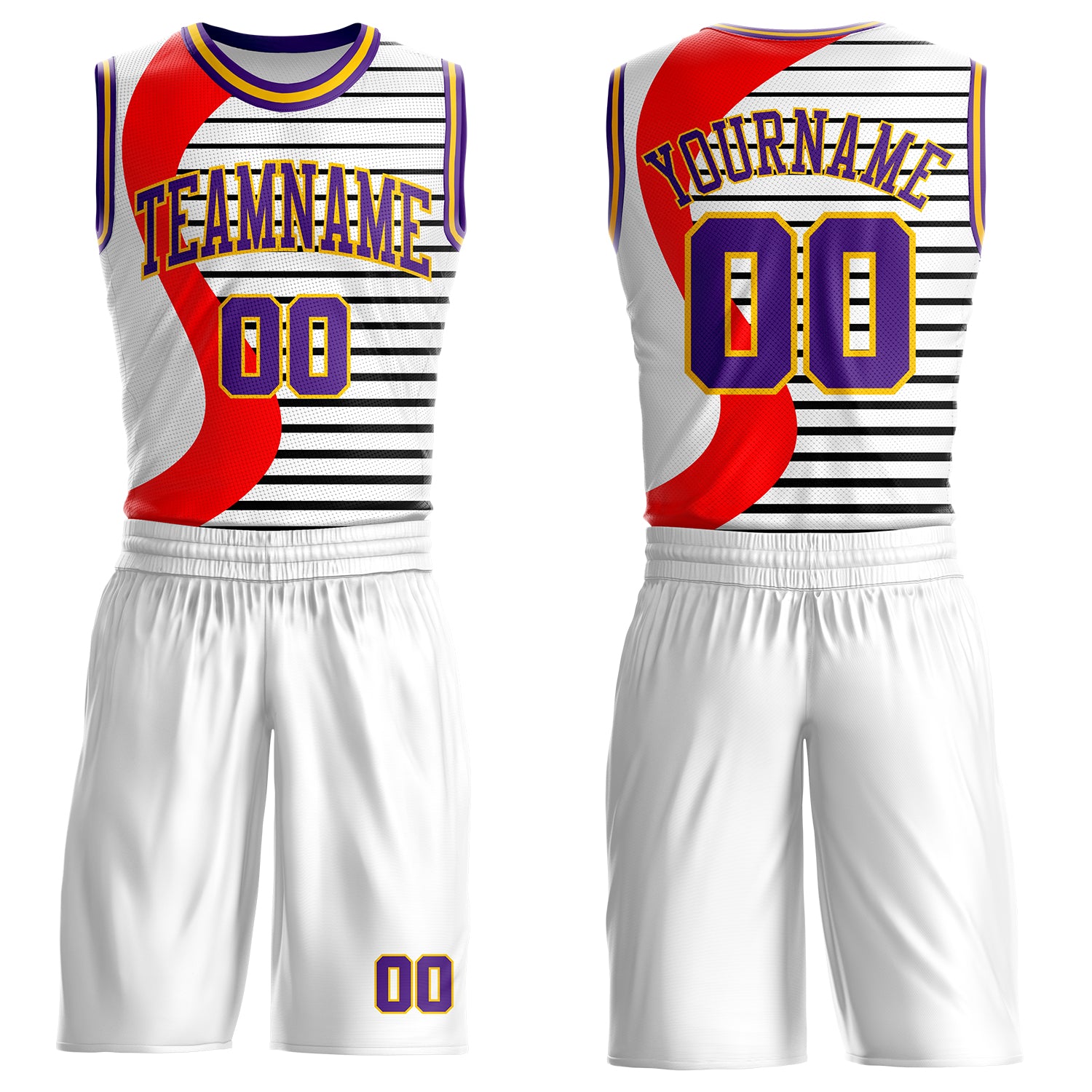 Custom White Purple Red-Gold Wave Stripe Round Neck Sublimation Basketball Suit Jersey