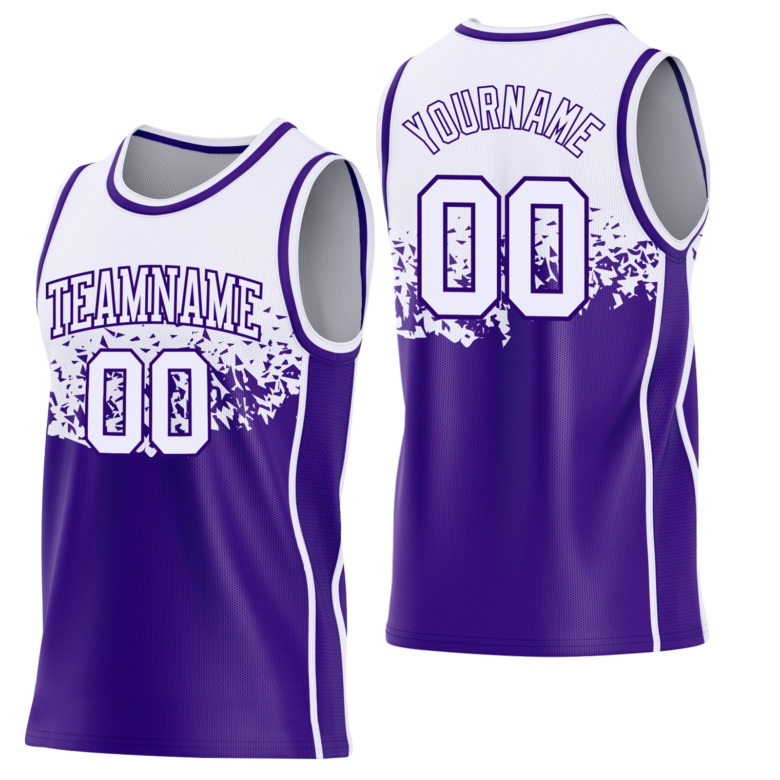 Custom White-Purple Shattered Geometric Side Panel Stripe Round Neck Sublimation Basketball Set Jersey
