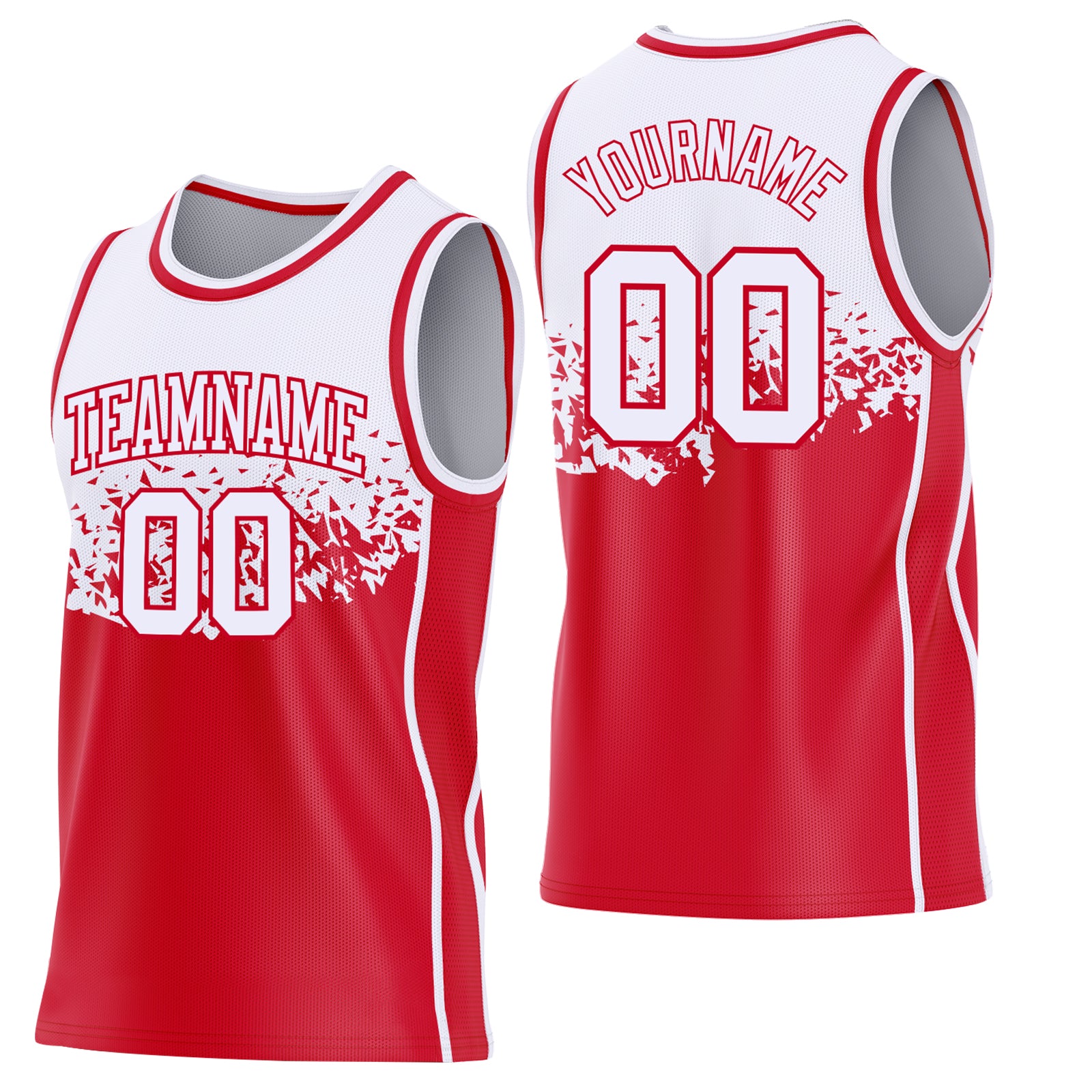Custom White-Red Shattered Geometric Side Panel Stripe Round Neck Sublimation Basketball Set Jersey