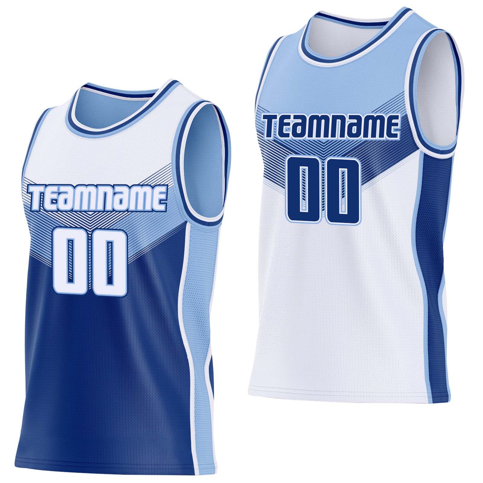 Custom White Royal-Light Blue Side Panel Stripe Geometric V-Cut Color Block Reversible Double Side Sublimation Basketball Set Jersey