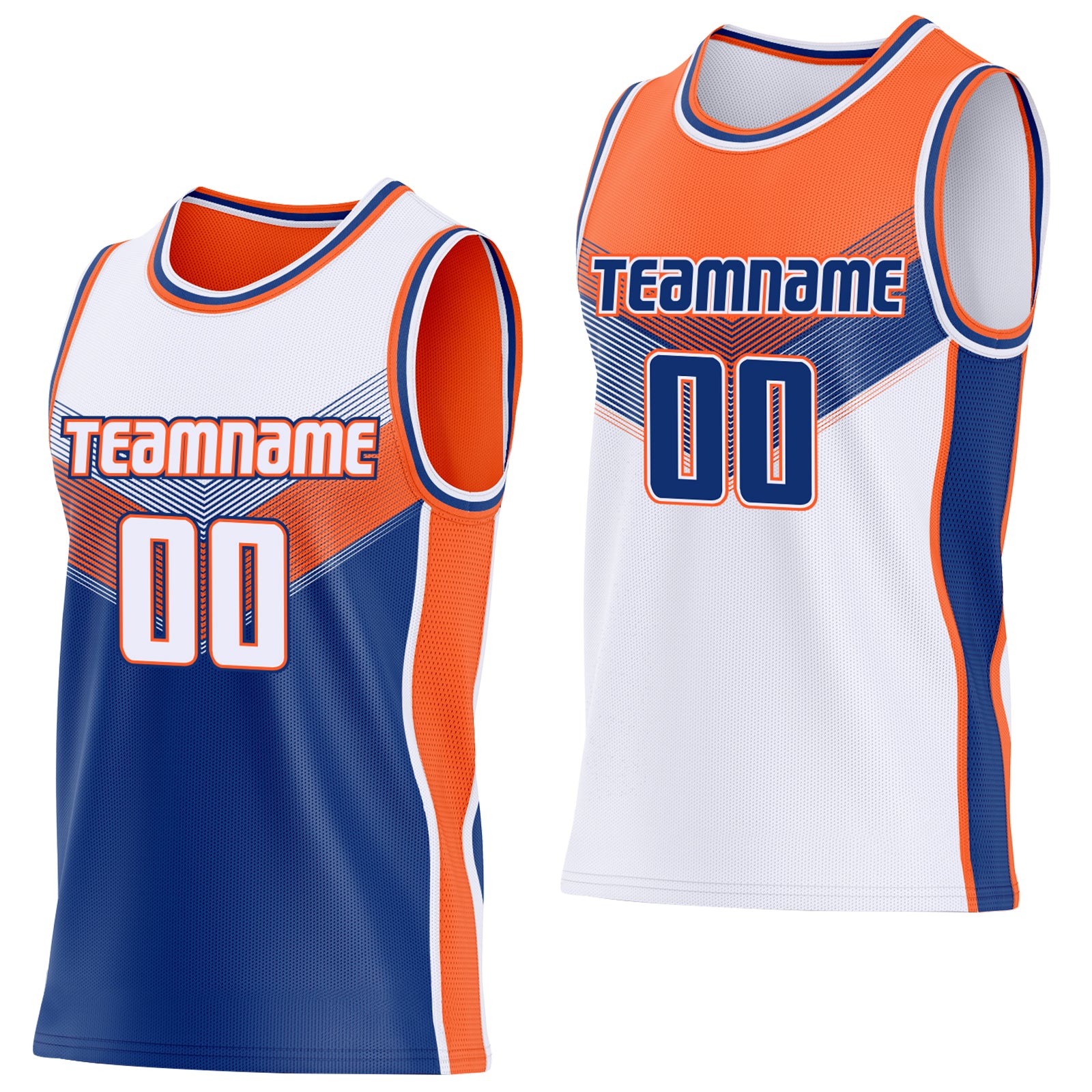 Custom White Royal-Orange Side Panel Stripe Geometric V-Cut Color Block Reversible Double Side Sublimation Basketball Set Jersey