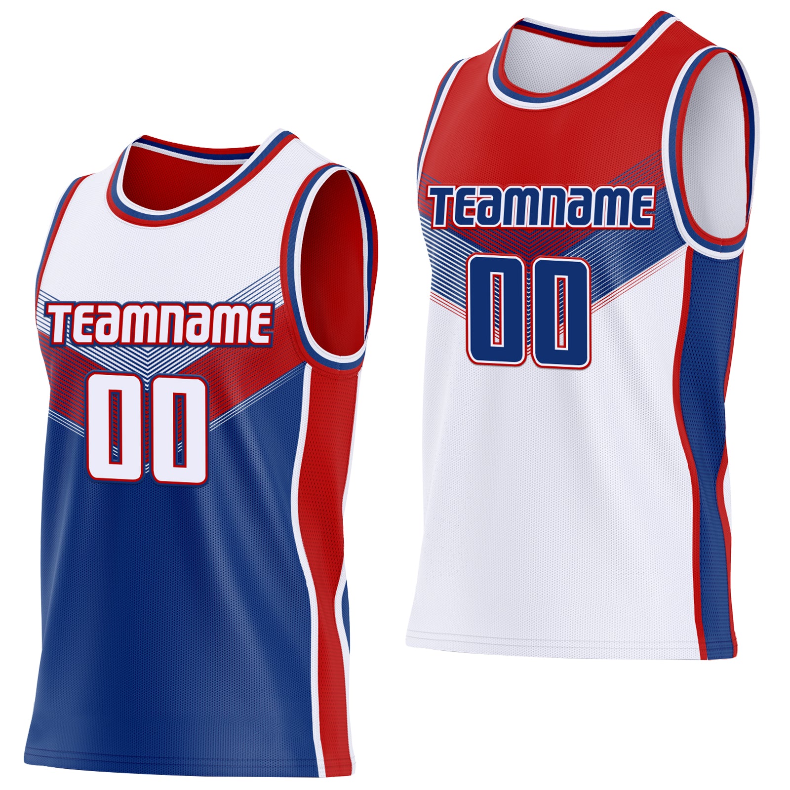 Custom White Royal-Red Side Panel Stripe Geometric V-Cut Color Block Reversible Double Side Sublimation Basketball Set Jersey