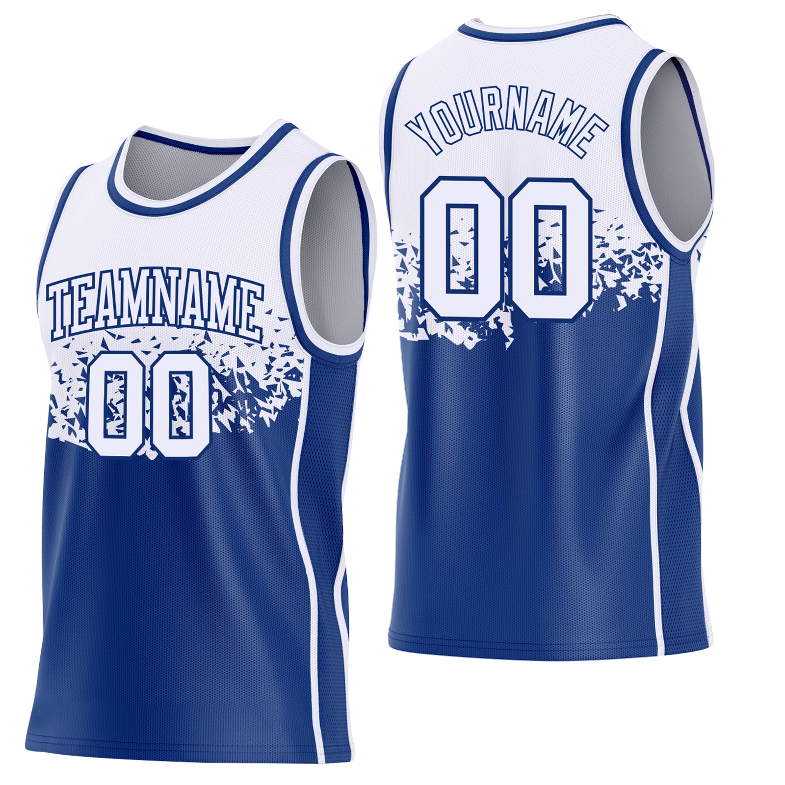Custom White-Royal Shattered Geometric Side Panel Stripe Round Neck Sublimation Basketball Set Jersey