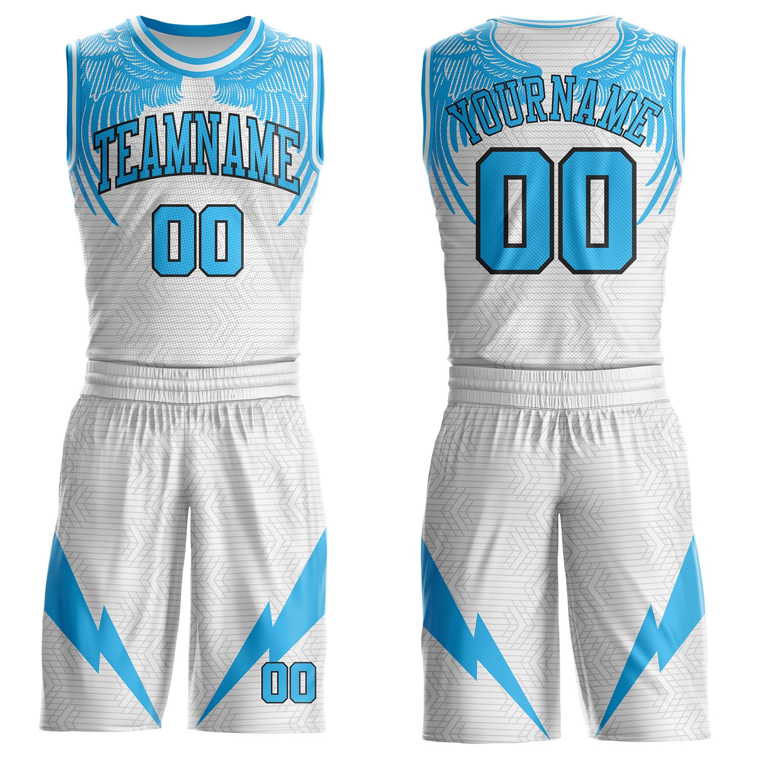 Custom White Sky Blue-Black Wing Lightning Boho Style Round Neck Sublimation Basketball Uniform Jersey