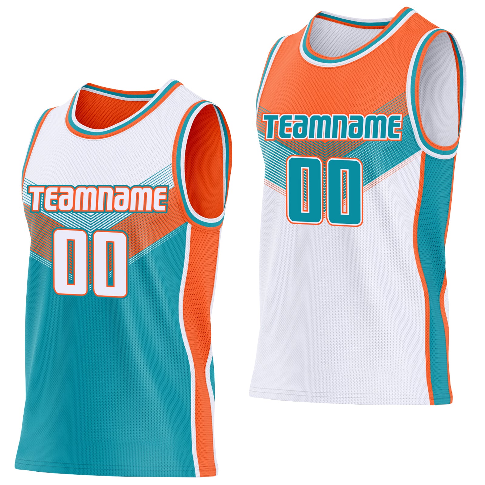 Custom White Teal-Orange Side Panel Stripe Geometric V-Cut Color Block Reversible Double Side Sublimation Basketball Set Jersey