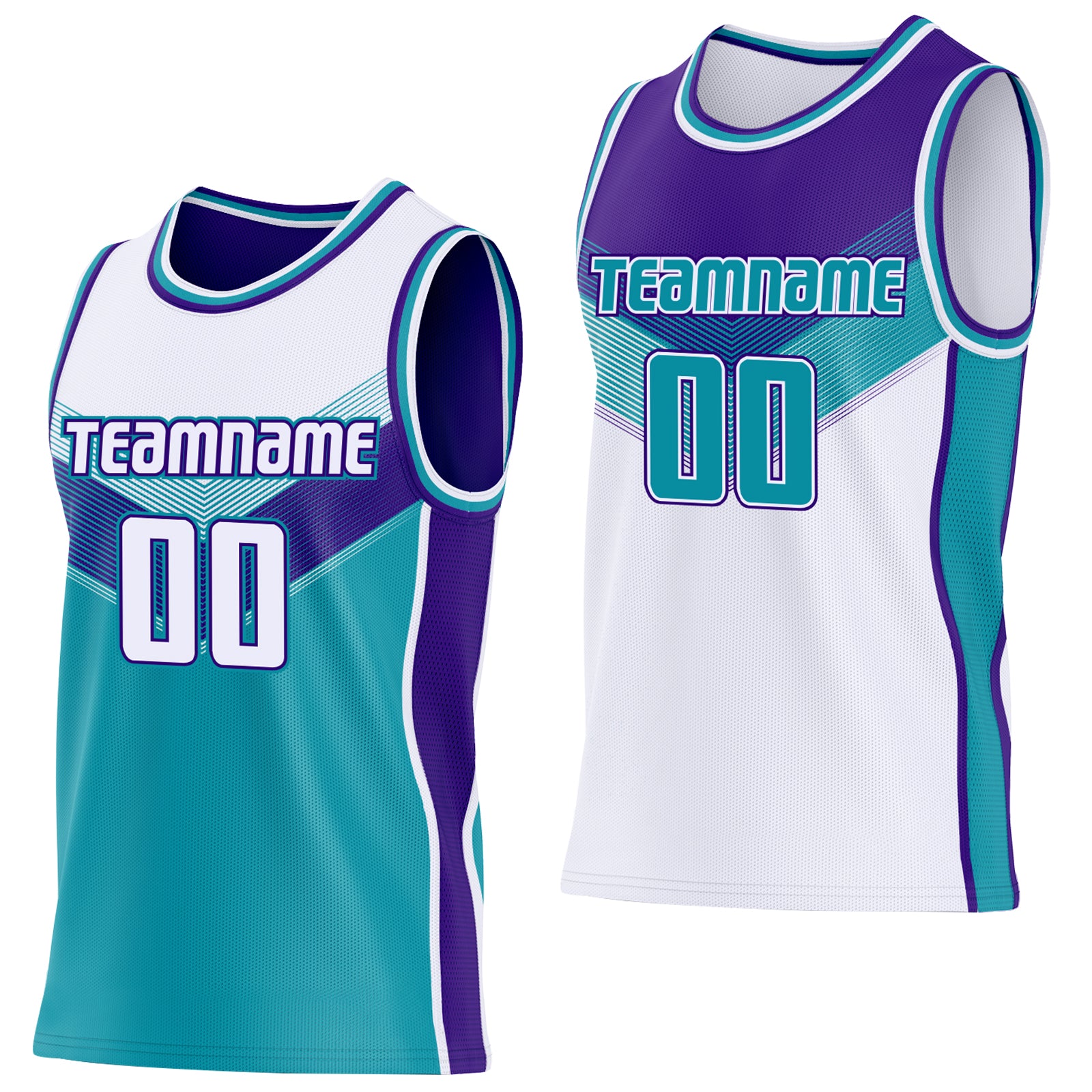 Custom White Teal-Purple Side Panel Stripe Geometric V-Cut Color Block Reversible Double Side Sublimation Basketball Set Jersey
