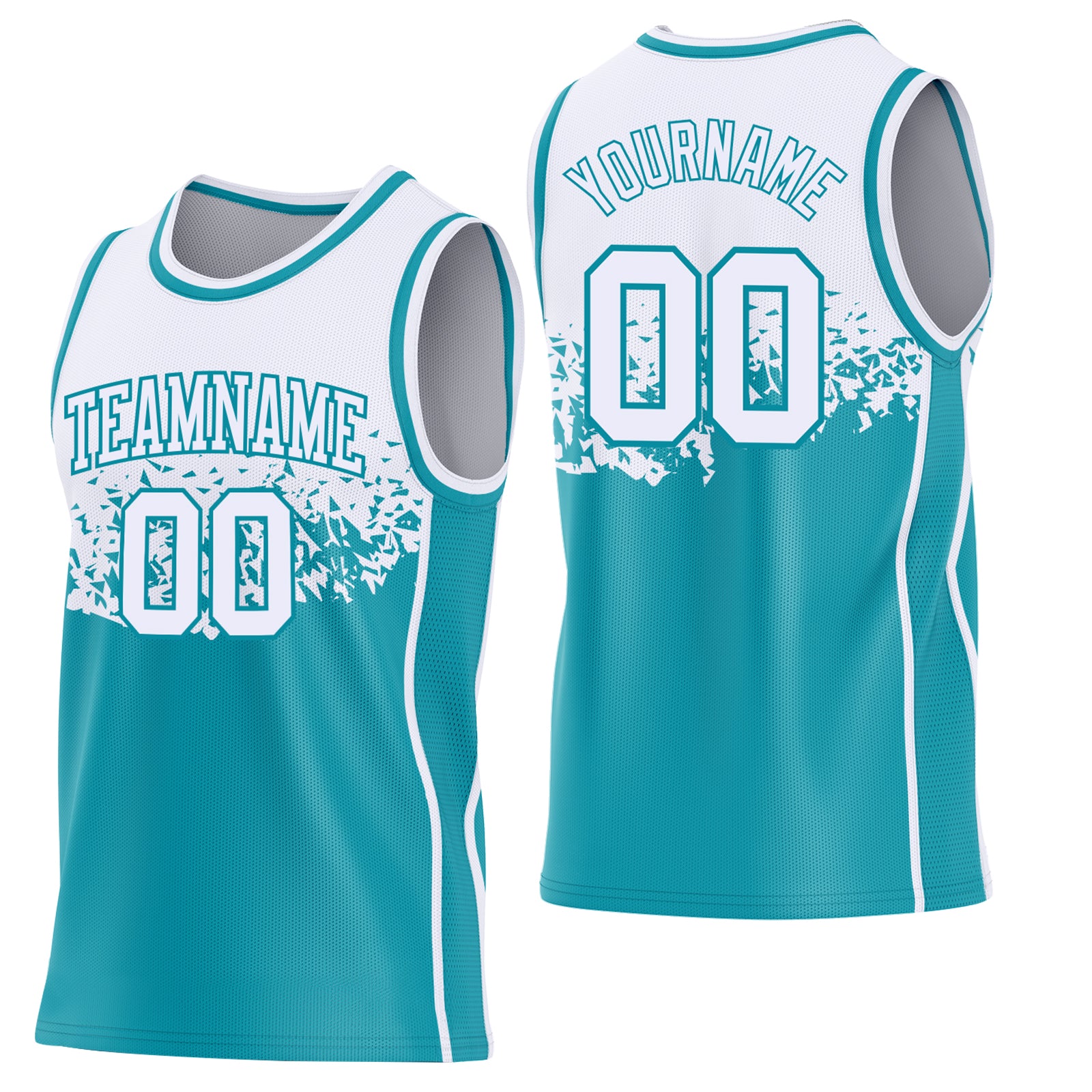 Custom White-Teal Shattered Geometric Side Panel Stripe Round Neck Sublimation Basketball Set Jersey