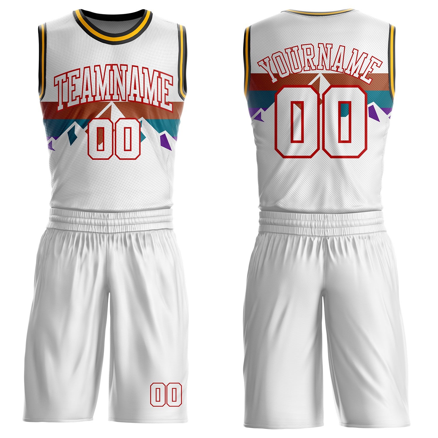 Custom White Texas Orange Teal Purple Red Black-Gold Mountain Geometric Stripe Round Neck Sublimation Basketball Suit Jersey