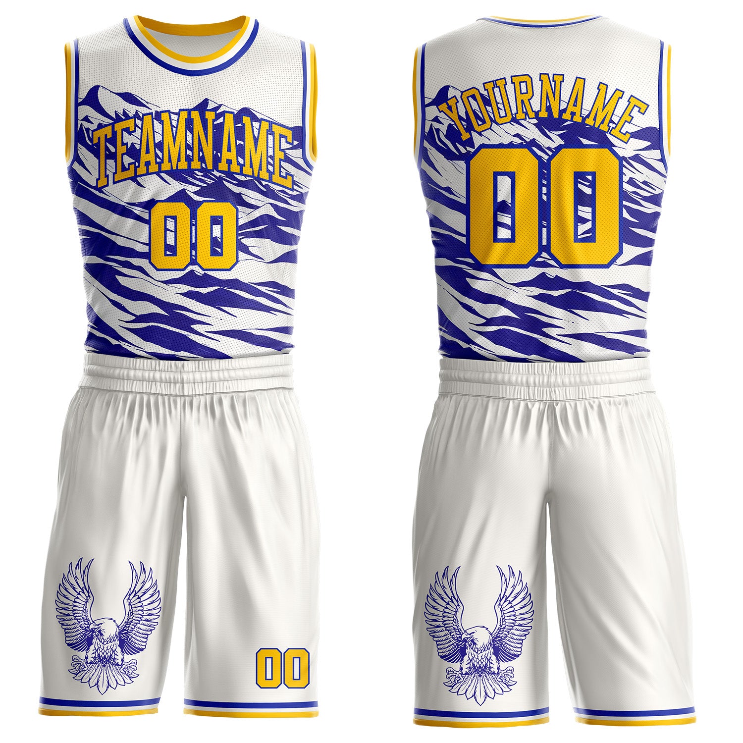 Custom White Yellow-Blue Mountain Eagle Wing Boho Style Round Neck Sublimation Basketball Uniform Jersey