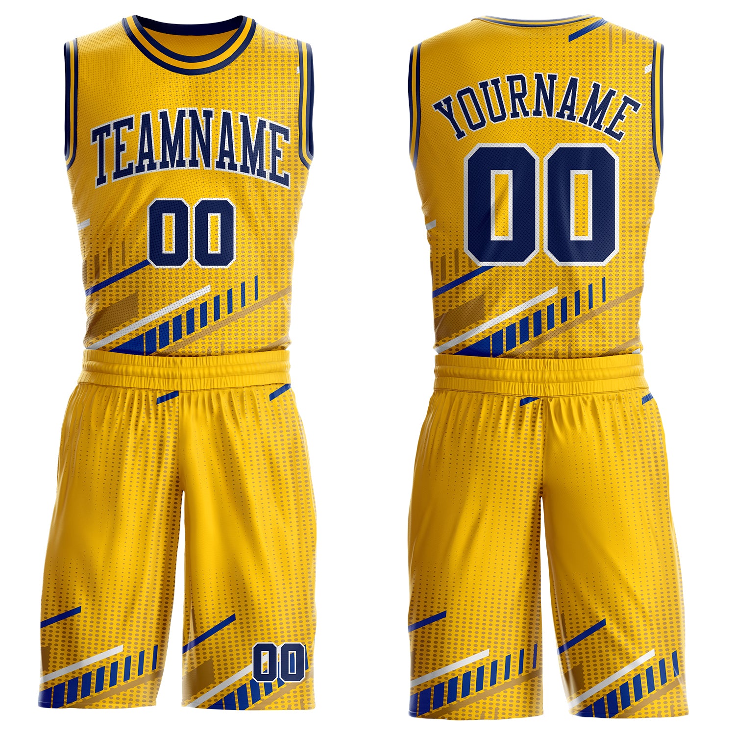 Custom Yellow Navy Royal-White Geometric Stripe Round Neck Sublimation Basketball Suit Jersey