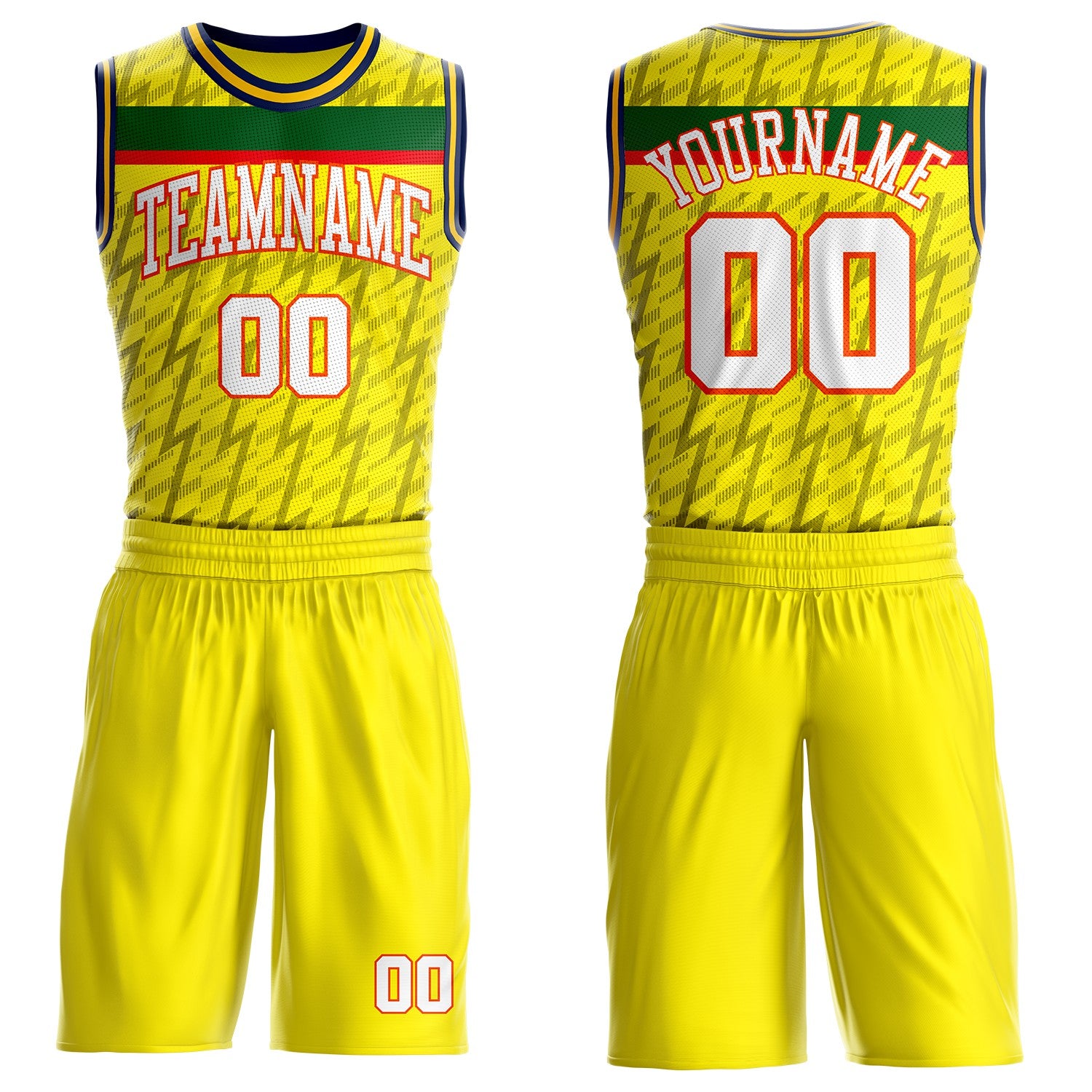 Custom Yellow White Green Gray Orange-Navy Lightning Stripe Round Neck Sublimation Basketball Suit Jersey