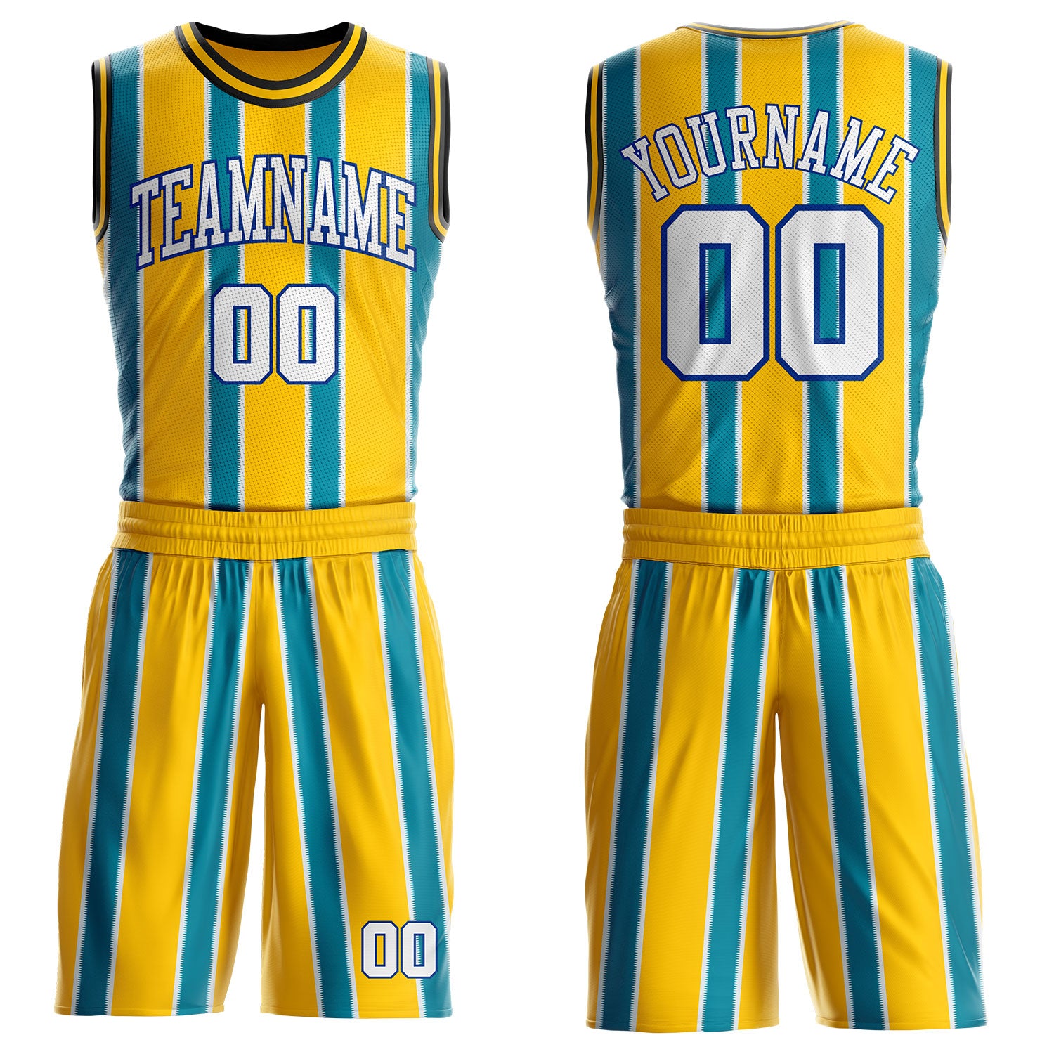 Custom Yellow White Teal Royal-Black Geometric Stripe Round Neck Sublimation Basketball Suit Jersey