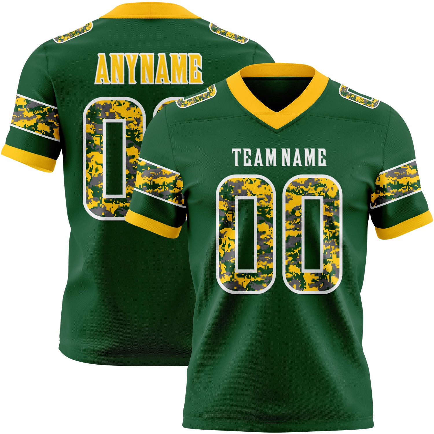 Custom Green Camo White-Gold Authentic Digital Camouflage Panel Football Jersey