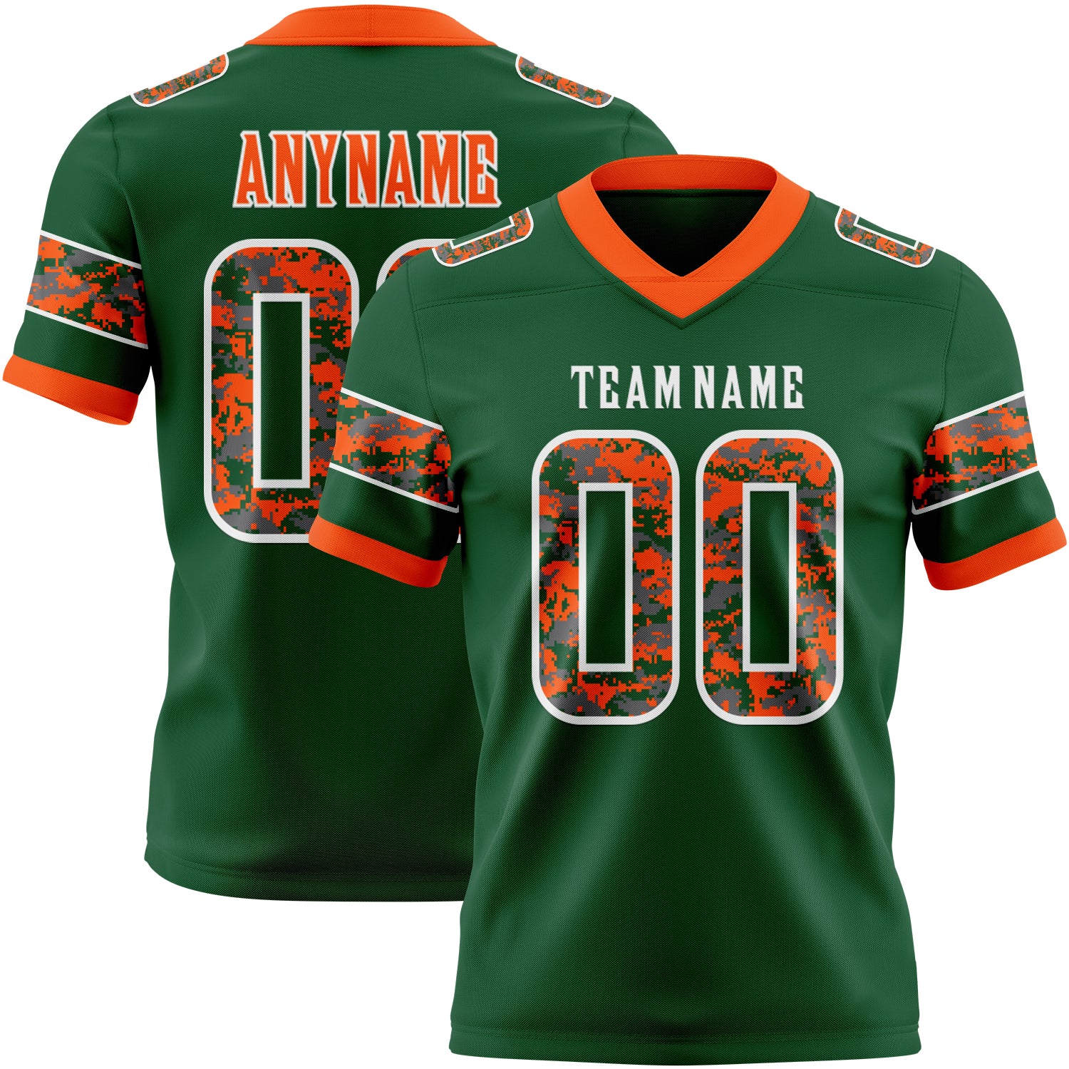 Custom Green Camo White-Orange Authentic Digital Camouflage Panel Football Jersey