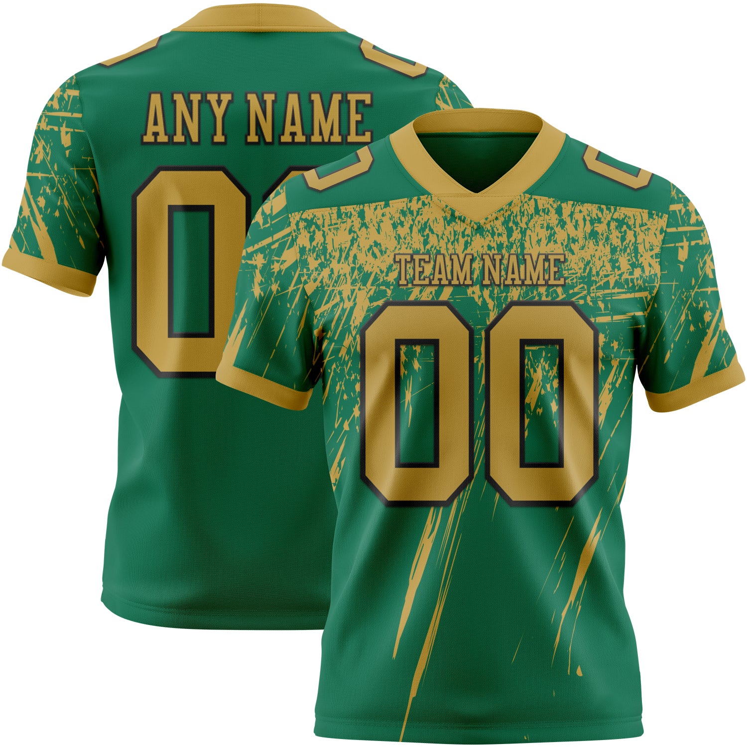 Custom Kelly Green Old Gold-Black Authentic Distressed Scratch Brush Stroke Football Jersey