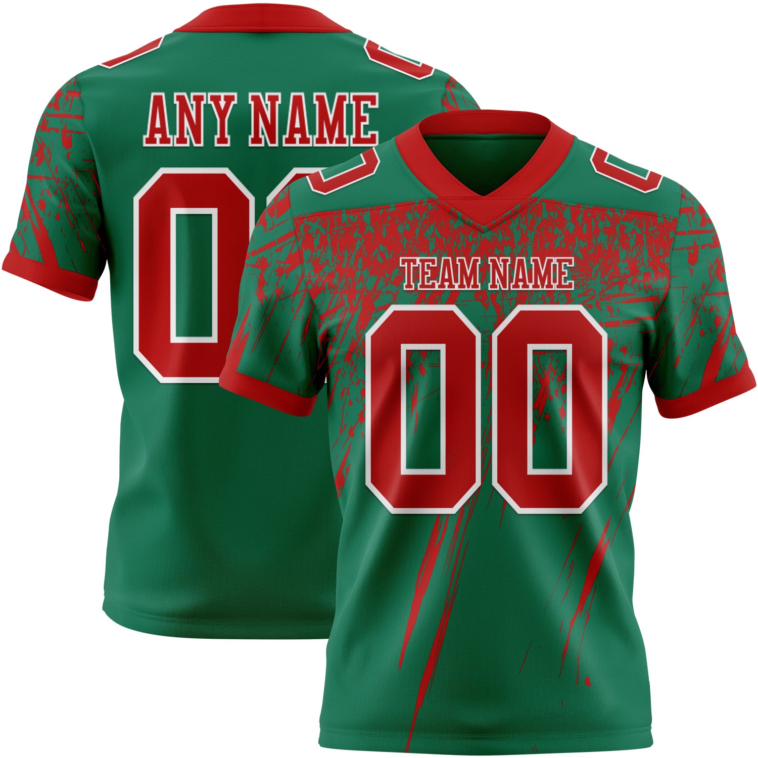 Custom Kelly Green Red-White Authentic Distressed Scratch Brush Stroke Football Jersey