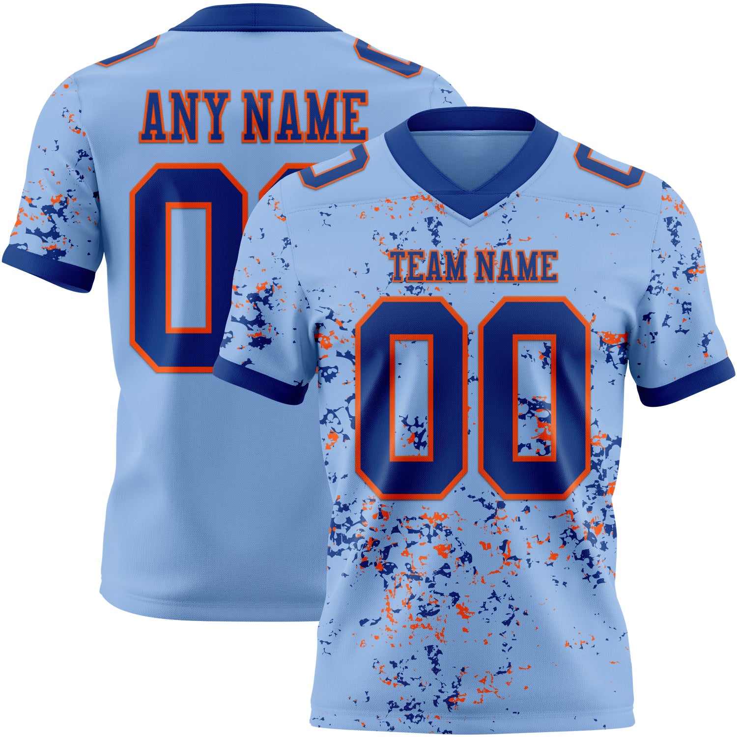 Custom Light Blue Royal-Orange Authentic Abstract Shattered Paint Splatter Football Jersey
