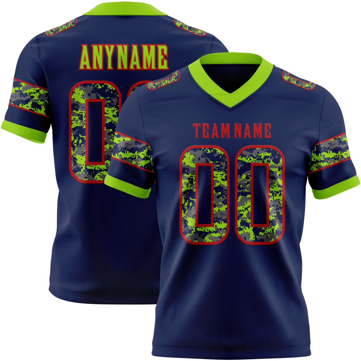 Custom Navy Camo Red-Neon Green Authentic Digital Camouflage Panel Football Jersey