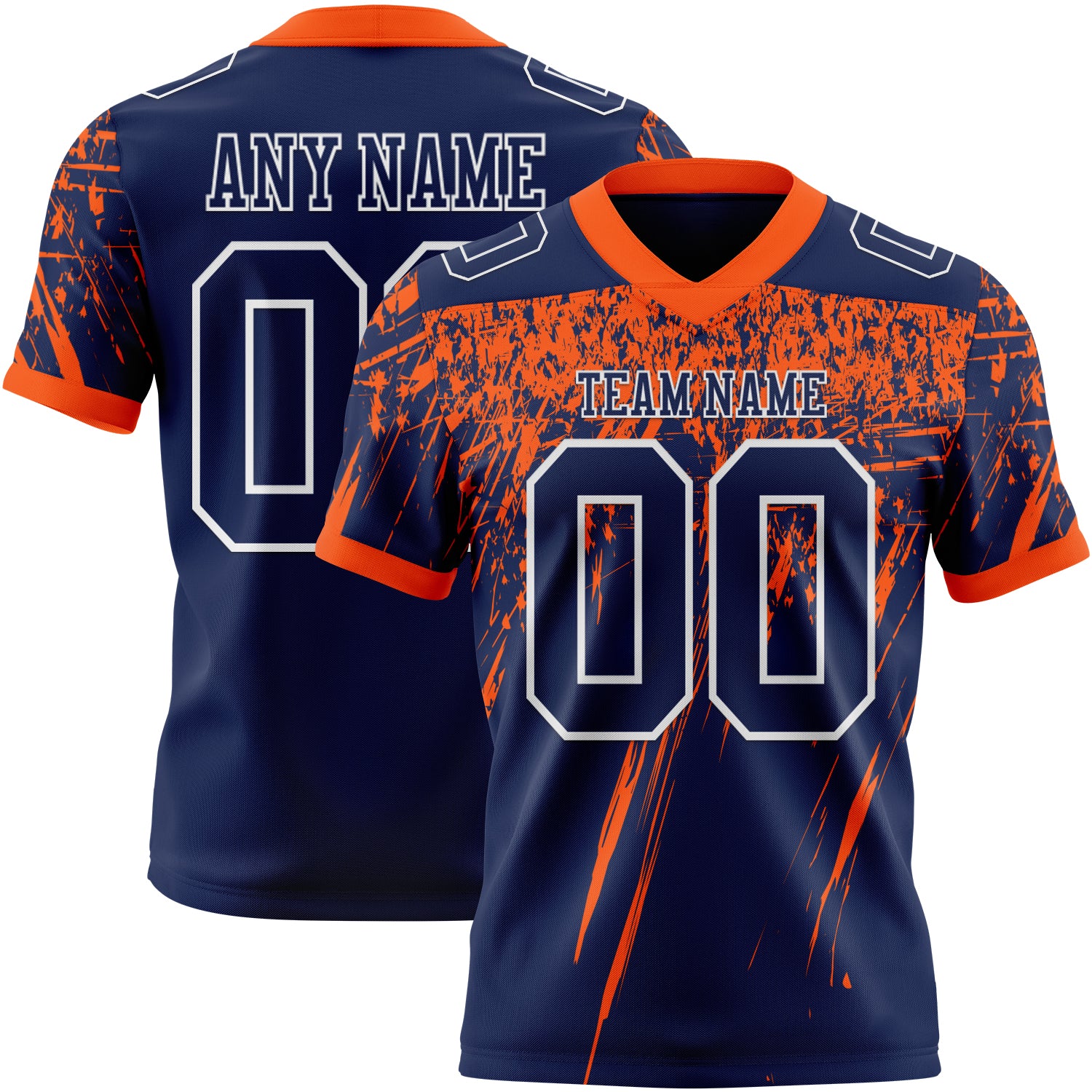 Custom Navy Orange-White Authentic Distressed Scratch Brush Stroke Football Jersey