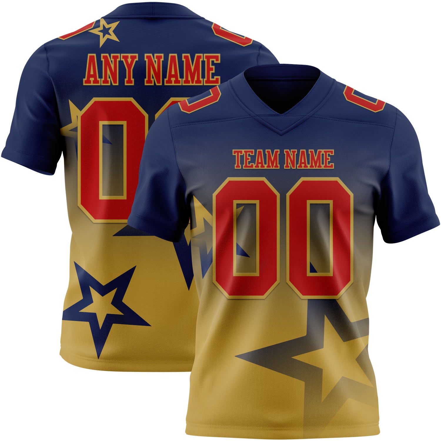 Custom Navy Red-Old Gold Authentic Star Gradient 7V7 Flag Football Jersey
